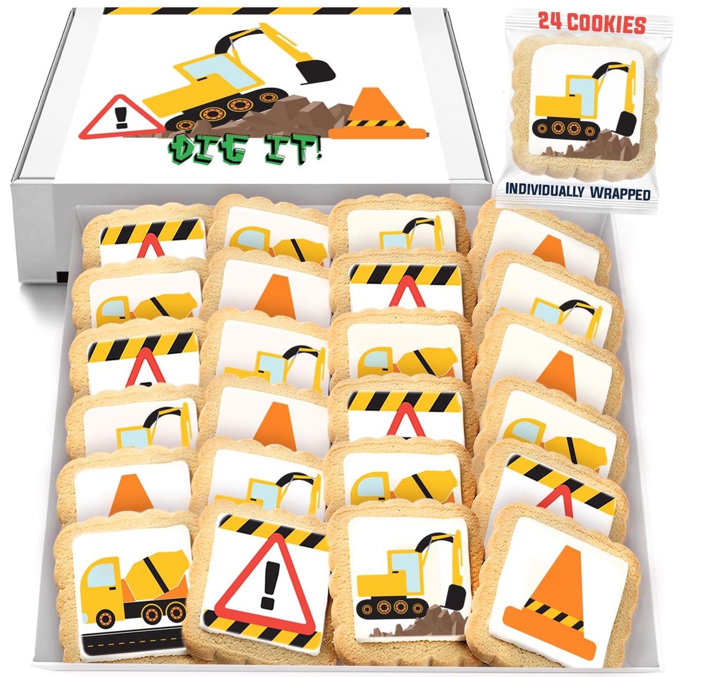 Construction Theme Cookies Individually Wrapped 24 Pack | Bulldozer Excavator Digging Vehicles | Birthday Baby Shower