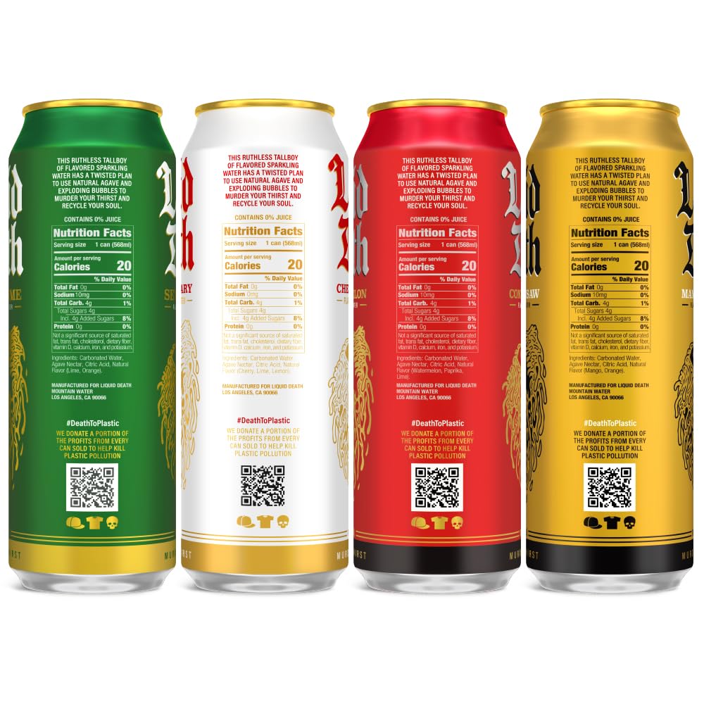 Liquid Death, Flavored Sparkling Water Variety Pack (Lime, Mango, Melon, And Cherry), 12-Pack (King Size 19.2Oz Cans), Flavored