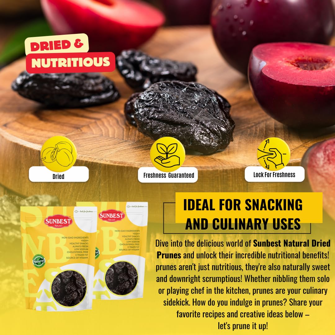 SUNBEST NATURAL Jumbo Pitted Prunes - Tender, Juicy, High Fiber - 5 lb Bulk Bag
