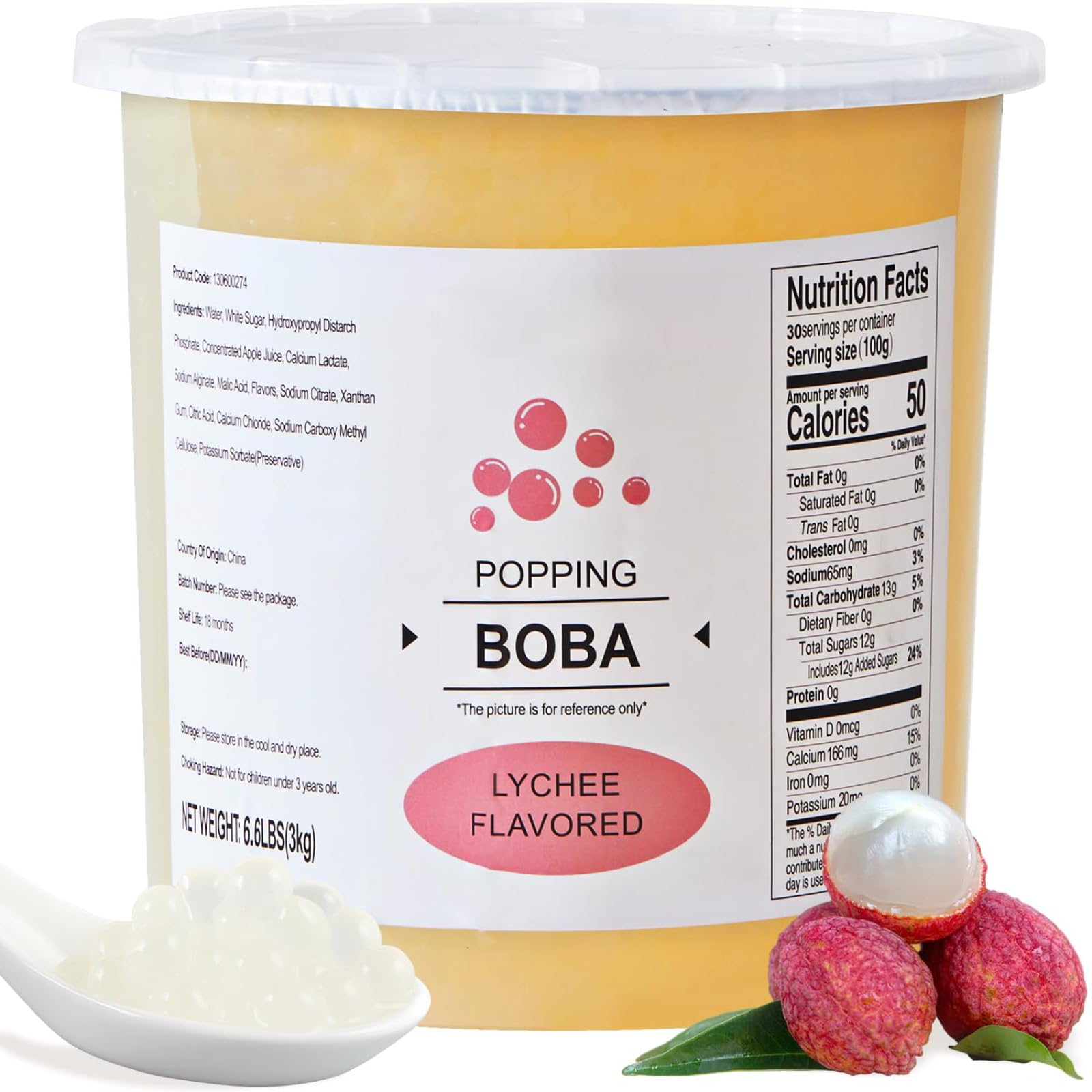 Soeos Lychee Popping Boba Pearls, 6.6 lbs (3000g), Bursting Boba Pearls for Bubble Tea, Beverages, Shakes, Desserts, Smoothie an