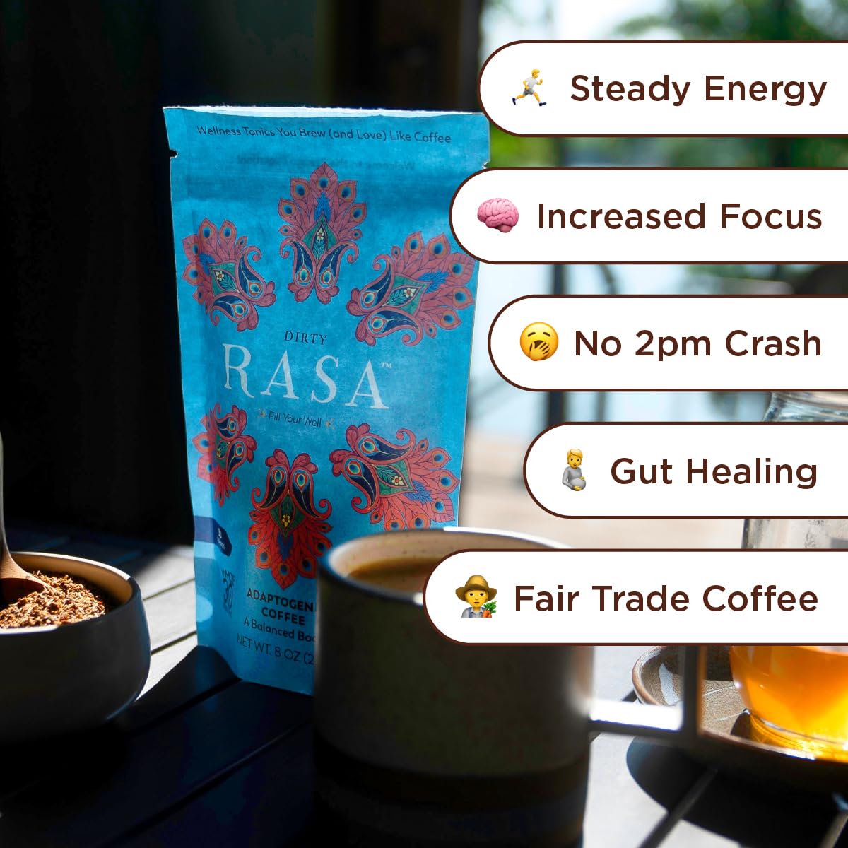 Rasa Adaptogenic Mushroom Coffee | Fair-Trade | Vegan | 8 oz | 30 Servings
