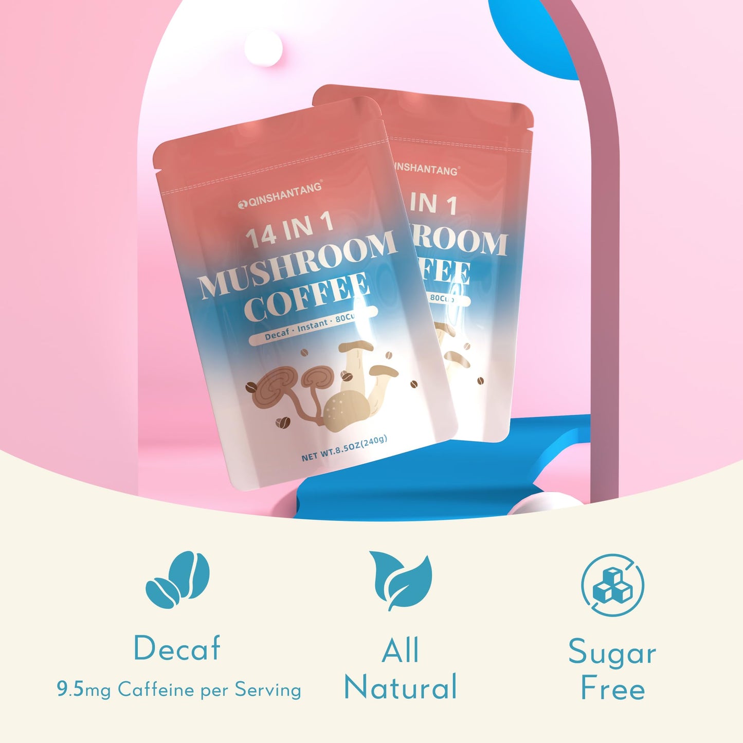 Decaf Mushroom Coffee, Instant Coffee Mix, 80 Servings | Sugar-Free, Decaffeinated Coffee Powder Blend | 14 Mushroom Extract for