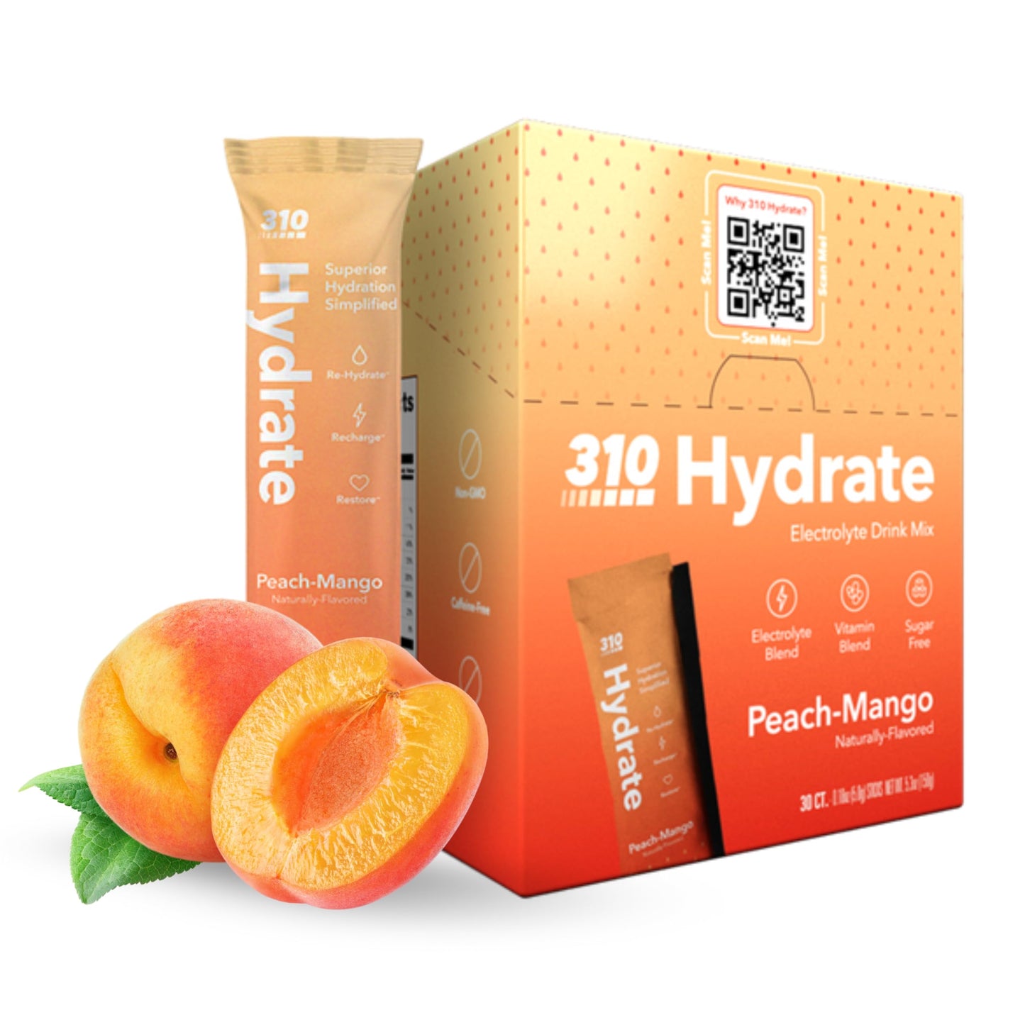 310 Hydrate Peach Mango Electrolytes Powder Packets - No Sugar Hydration Packets with Key Vitamins & Minerals - Keto Friendly - 