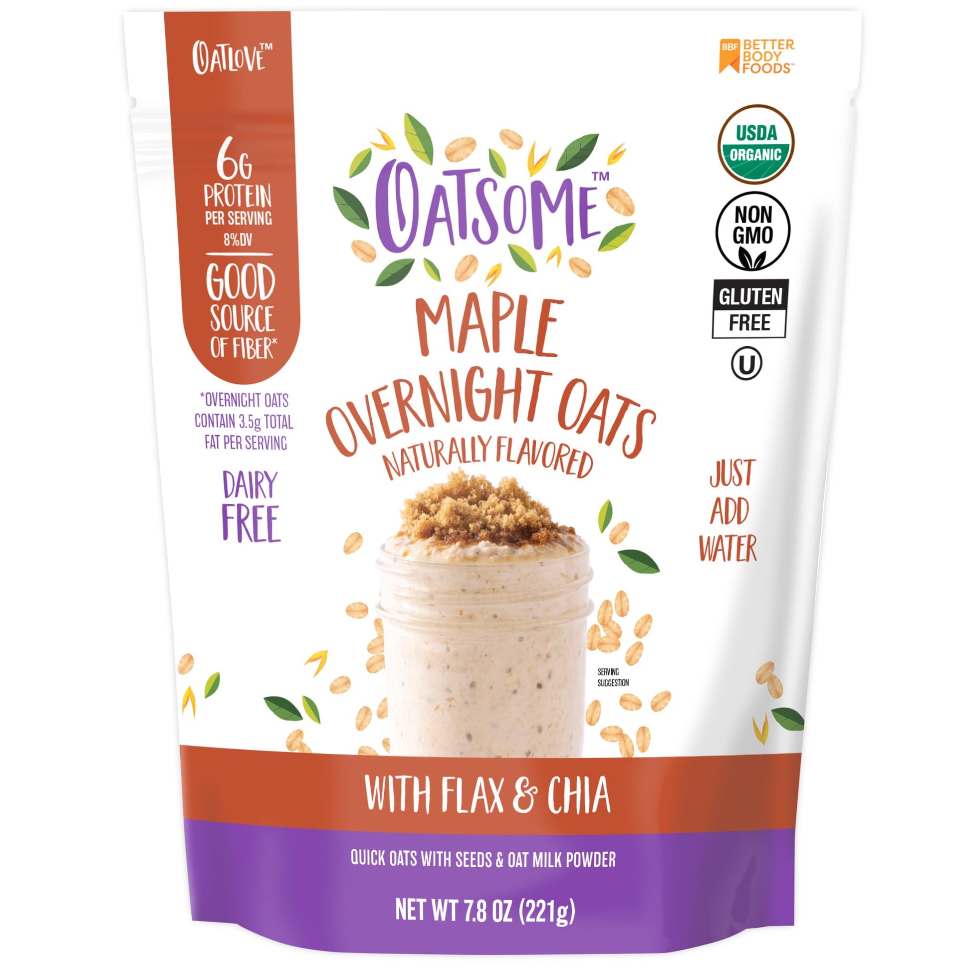 Oatsome Maple Overnight Oats with Flax and Chia, Gluten-Free Oatmeal with 6g of Protein, 7.8oz Bag