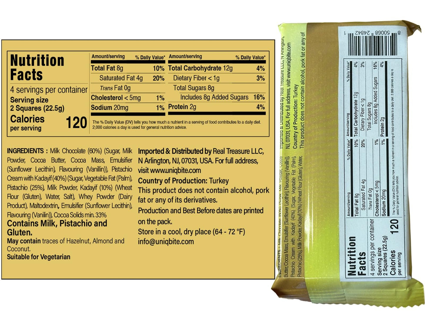 UniqBite Dubai Chocolate Bar Pistachio  3.17 oz (90gr)  Crunchy Loaded Knafeh Chocolate Bar with Pistachio Cream and Kataifi