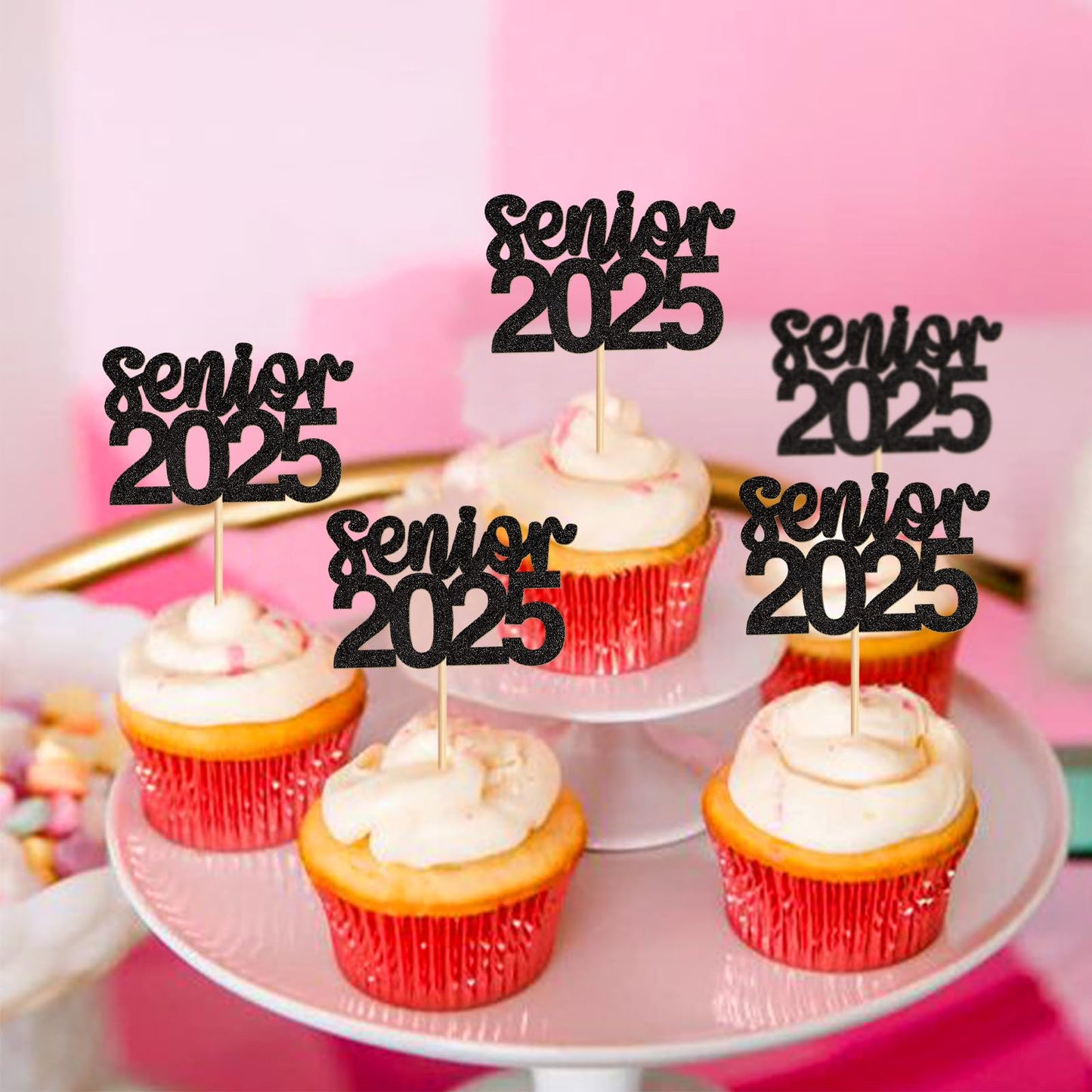 Keaziu 24 Pack Graduation Cupcake Toppers, Paper, Senior1 Black, Graduation Hat Picks for 2025 Theme Party Decorations