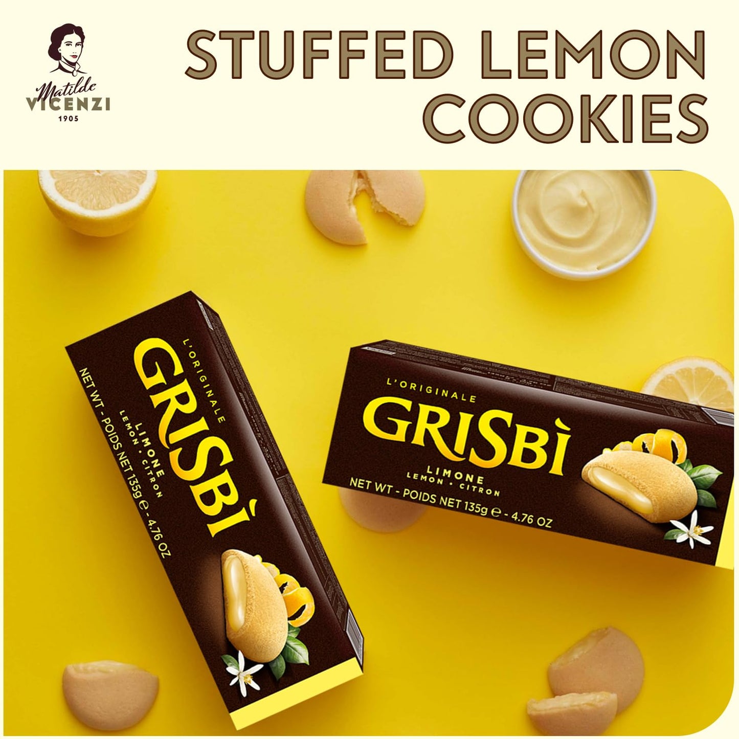 Grisbi Lemon Shortbread by Pasticceria Matilde Vicenzi, Sweet Lemon Cream Filled Patisserie Pastry Cookie, All-Natural, Kosher D