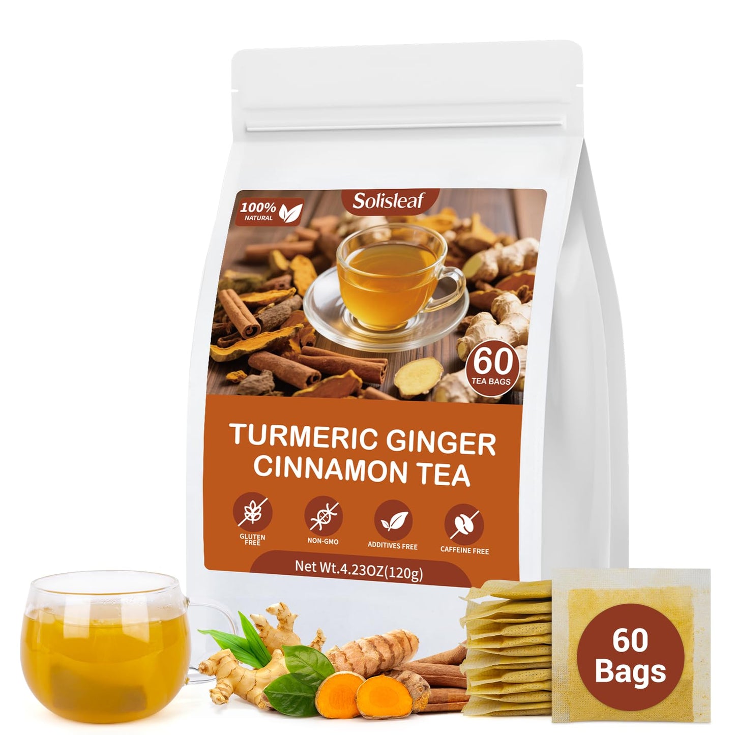 Turmeric Flavor Blendger Cinnamon Tea Bags  Pure Natural Flavor Blendger Turmeric Herbal Blend Tea With Cinnamon For Promoting Digestion  Boosts Immunity  Energy Blend-Free  No Additives (1 Pack/60 Bags)