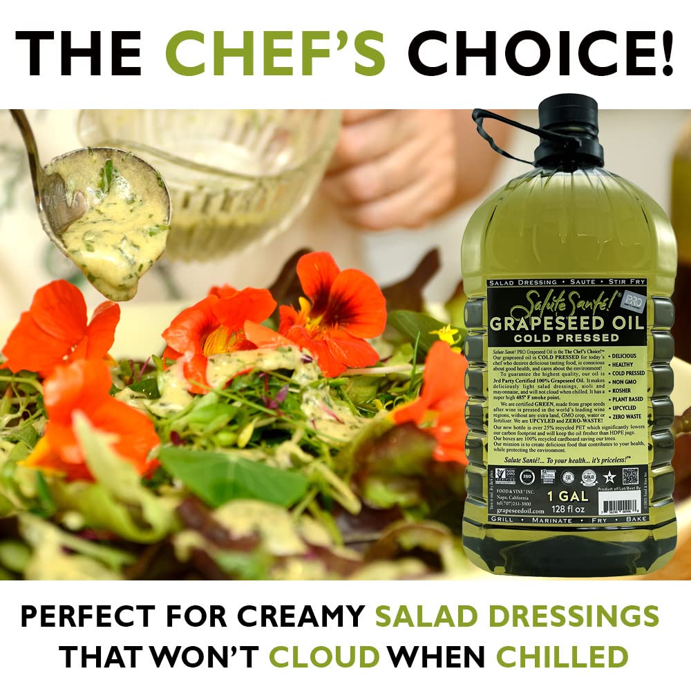 Salute Santé! Cold Pressed G seed Oil – Non-GMO, Kosher – 128 Fl Oz – Healthy Cooking Oil for Frying, Baking & Dressings