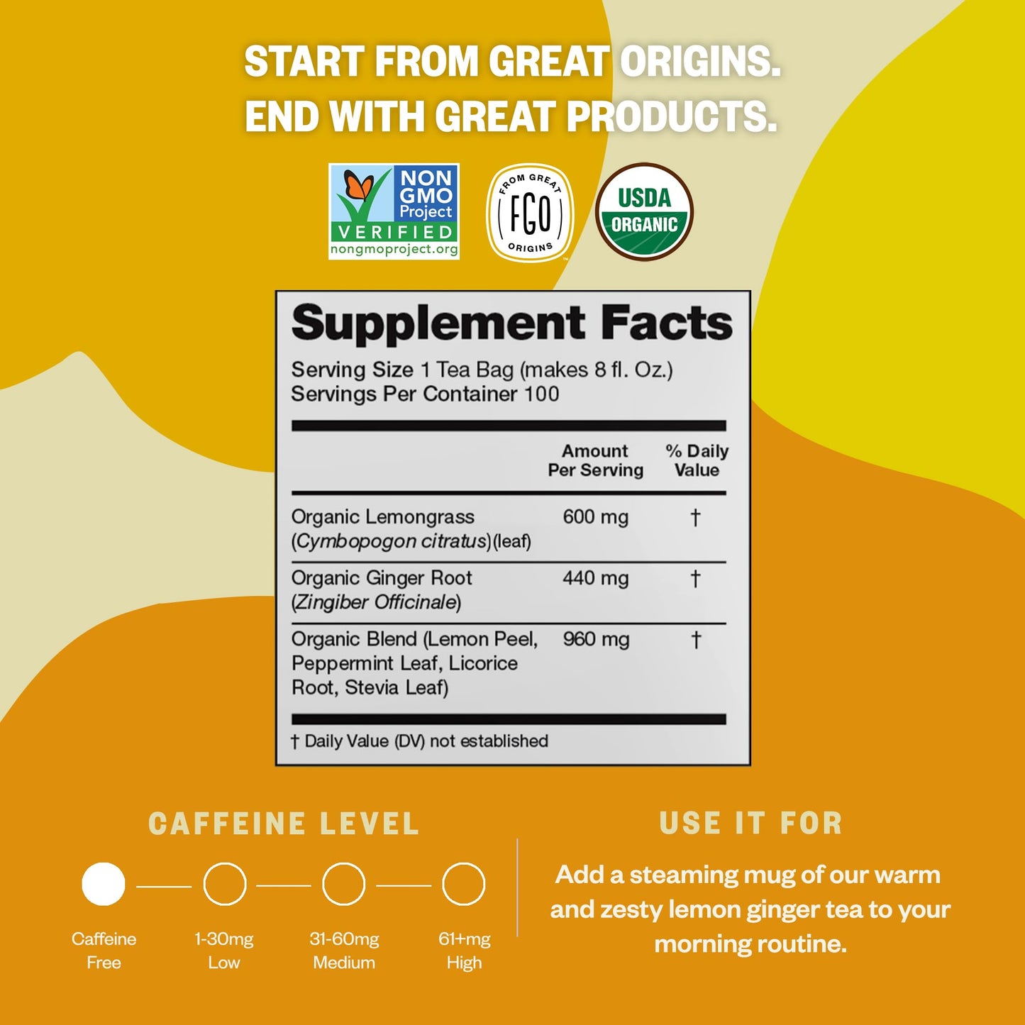 Fgo Organic Lemon Ginger Tea, Eco-Conscious Tea Bags, 100 Count, Packaging May Vary (Pack Of 1)