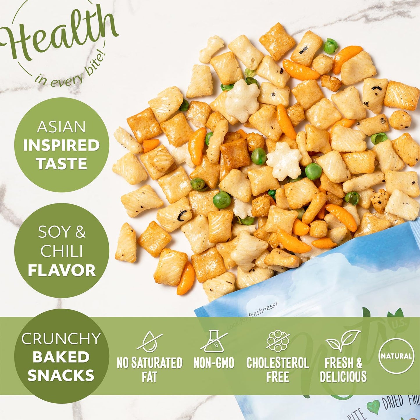 Nuts U.S. - Oriental Rice Crackers With Green Peas | Non-Gmo And Cholesterol Free | Vegan | Soy And Chili Flavor | Crunchy Baked