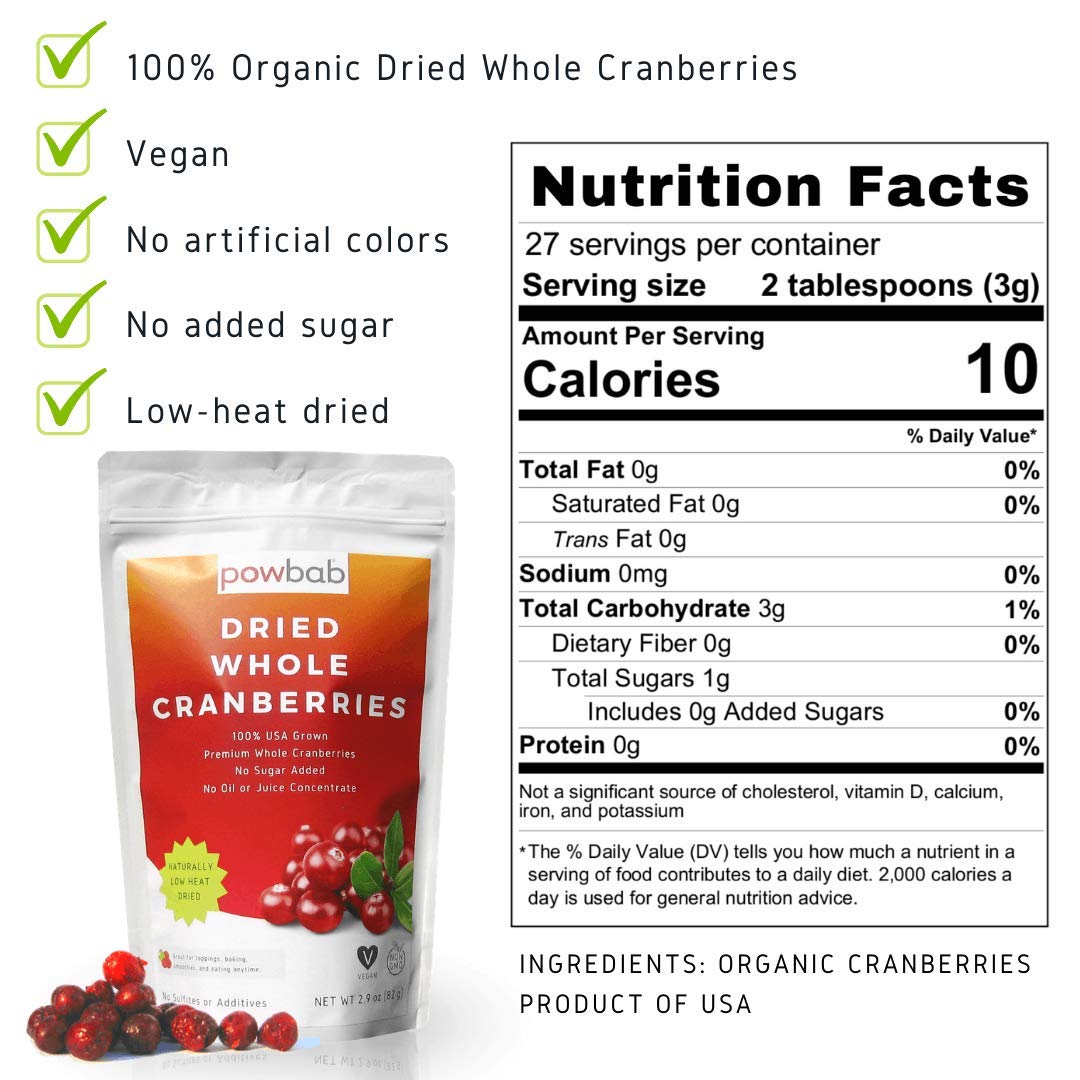 powbab Organic Dried Cranberries, Unsweetened, 2.9 Oz - 100% USA Grown, No Sugar, No Oil, No Sulfites, Healthy Snack