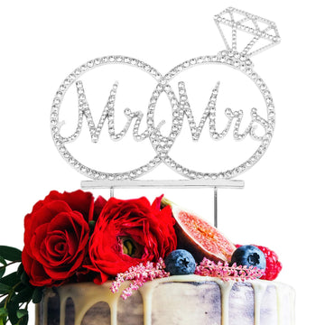 Mr & Mrs Cake Topper For Wedding Anniversary Rings Crystal Rhinestone Party Decoration (Silver)