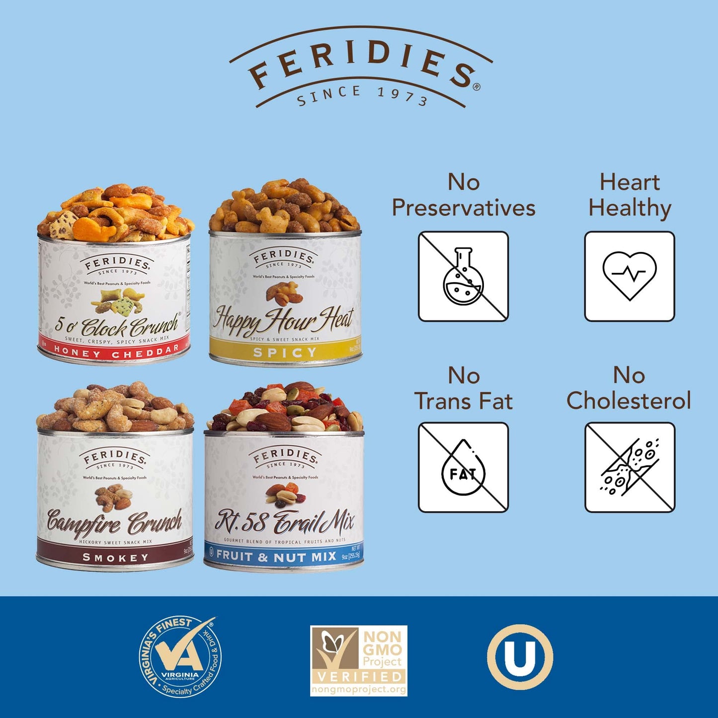 FERIDIES Sweet and Spicy Snack Mix Assortment - 4 Piece Set - Includes Rt.58 Trail Mix, Campfire Crunch, Happy Hour Heat, 5O Clock Crunch