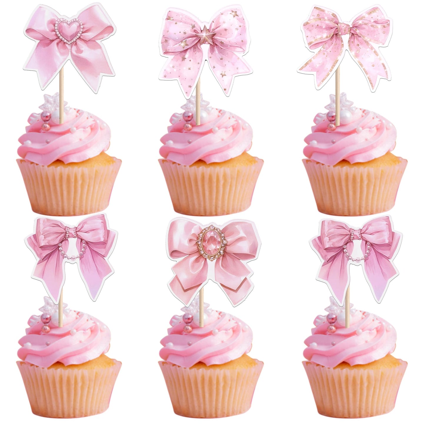 YCTHUNFISH 40 Pack Bowknot Cupcake Toppers Pink Cupcake Picks 2.2 x 4.6 inches for Wedding Bridal Shower Birthday Party Decorations