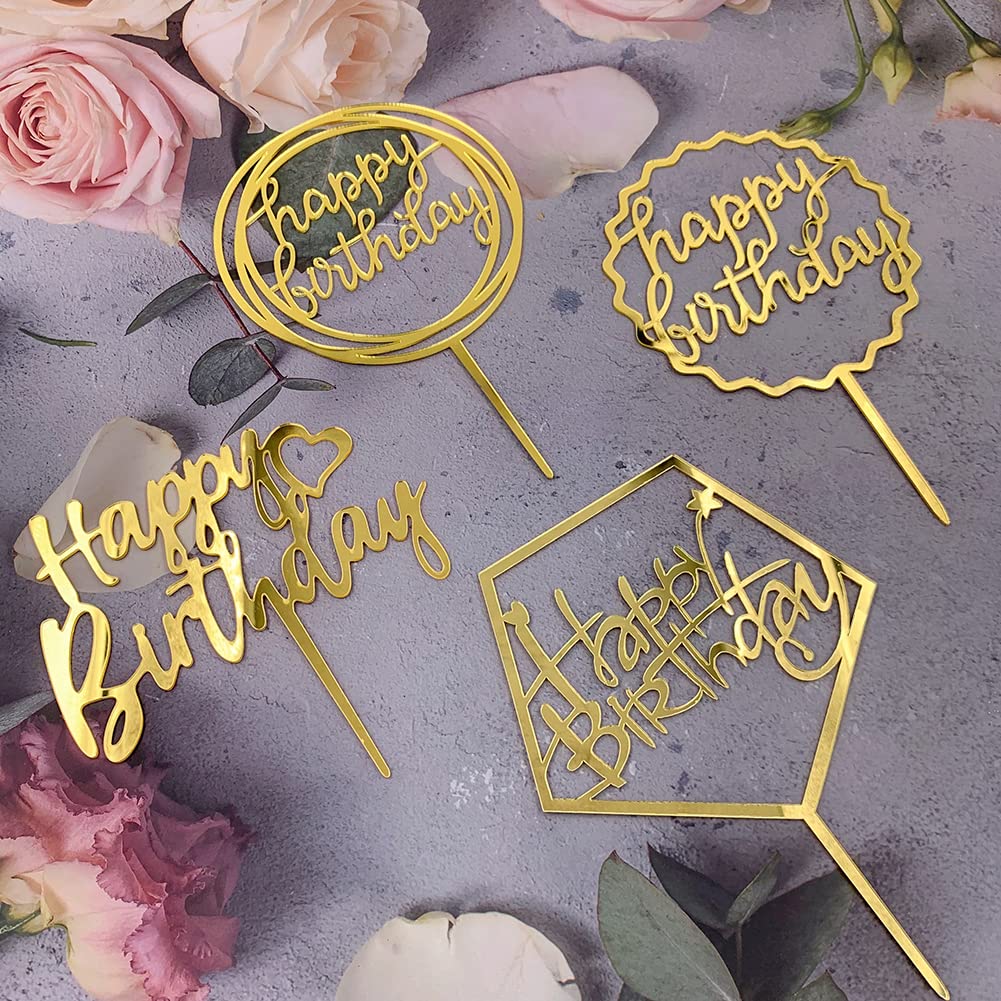 Gold Cake Topper,Happy Birthday Cake Topper Acrylic Cake Topper Cupcake Toppers Cake Decoration Supplies (7 Pieces)