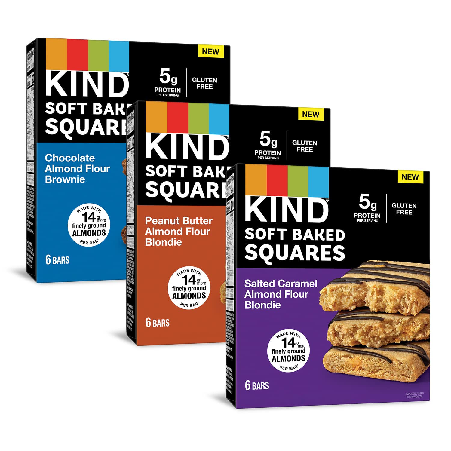 KIND Soft Baked Squares Variety Pack, Gluten Free Snack Bars, 5g Protein, 18 Count, Chocolate, Peanut Butter, Salted Caramel