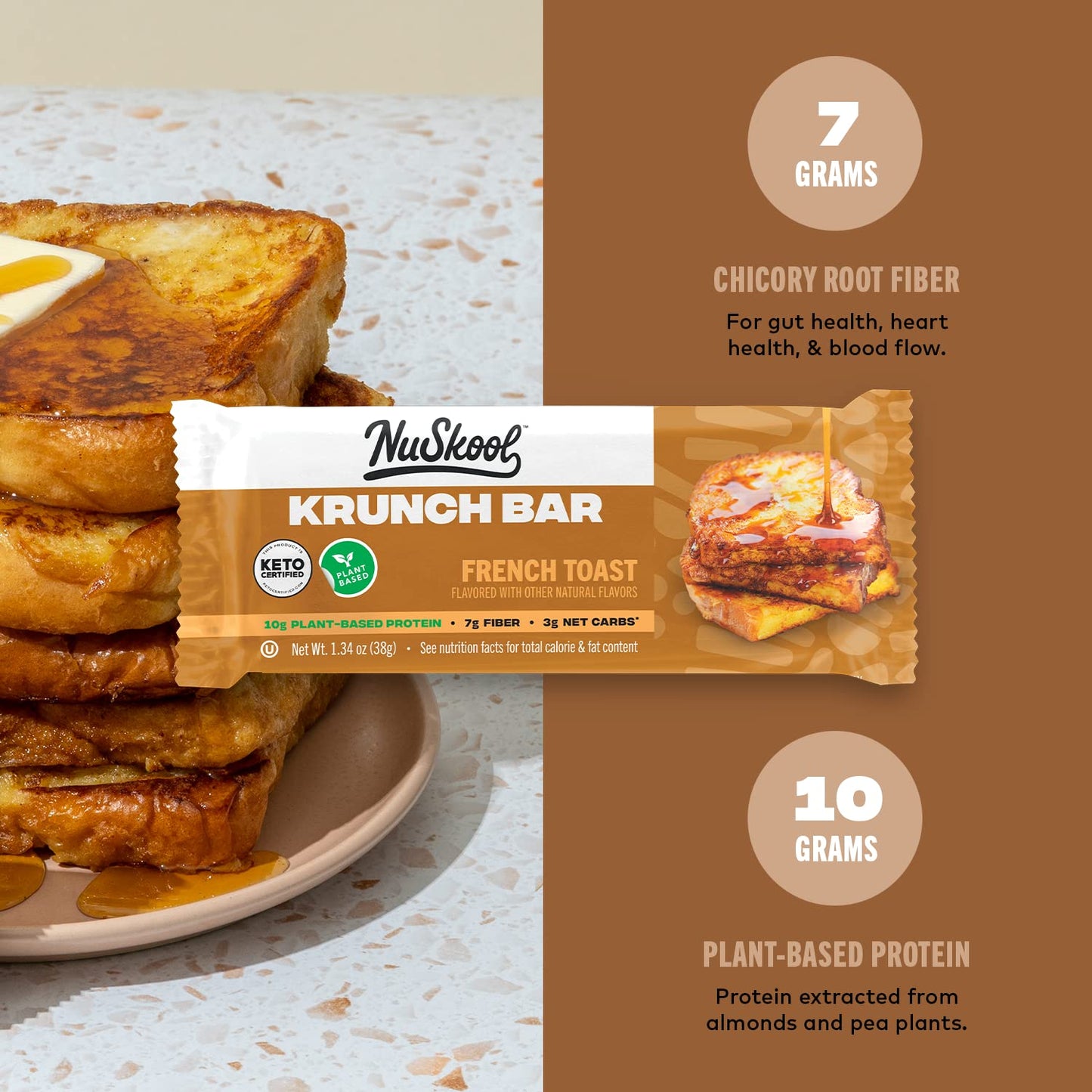 NuSkool Snacks French Toast Keto Friendly Protein Krunch Bars (12 Pack) - 7g Fiber, 10g Clean Plant-Based Protein, 3g Net Carbs