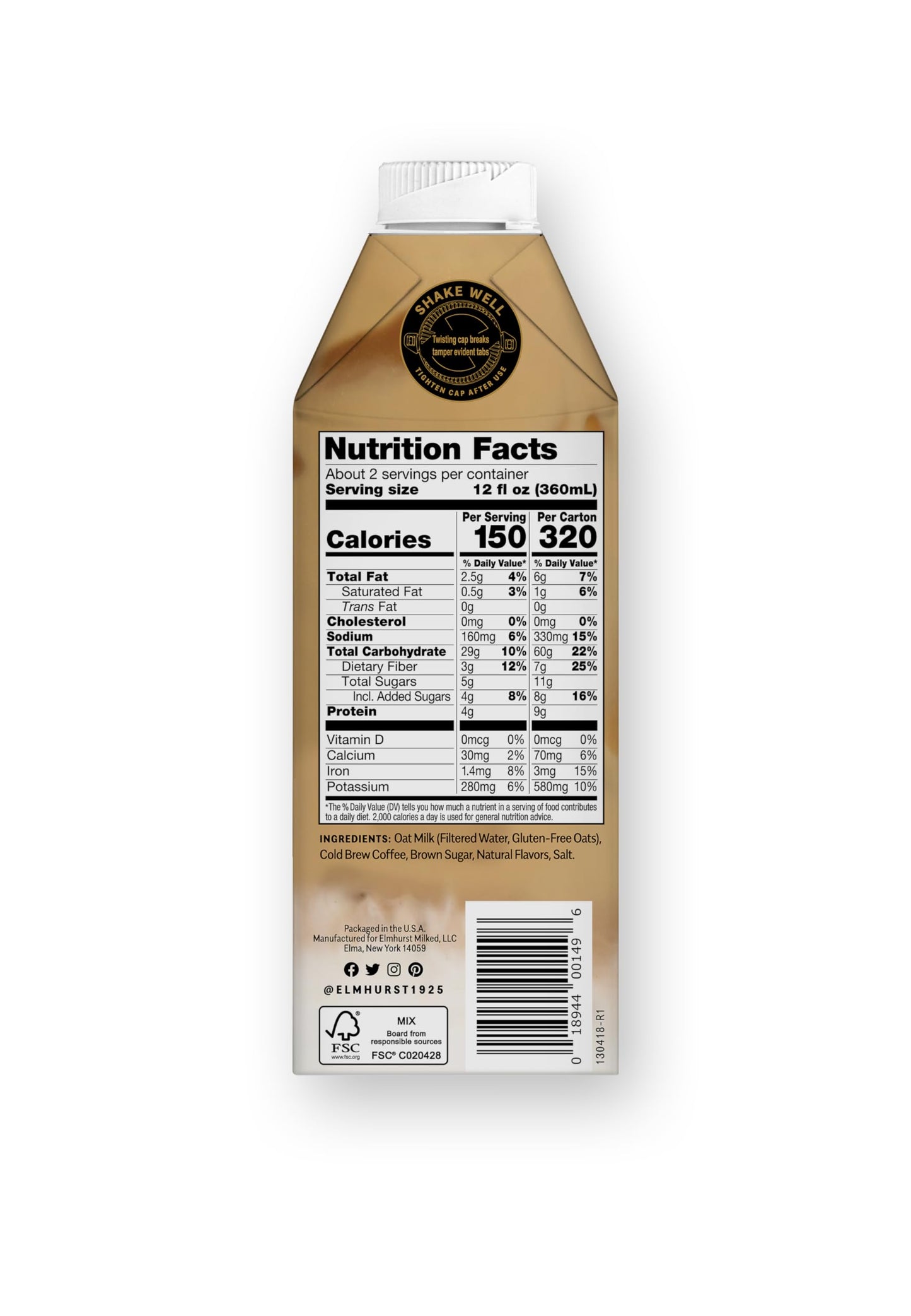 Elmhurst Oat Milk Latte, Plant-Based, Vegan, Cold Brew, 95mg Caffeine, 25.4oz (Pack of 6)