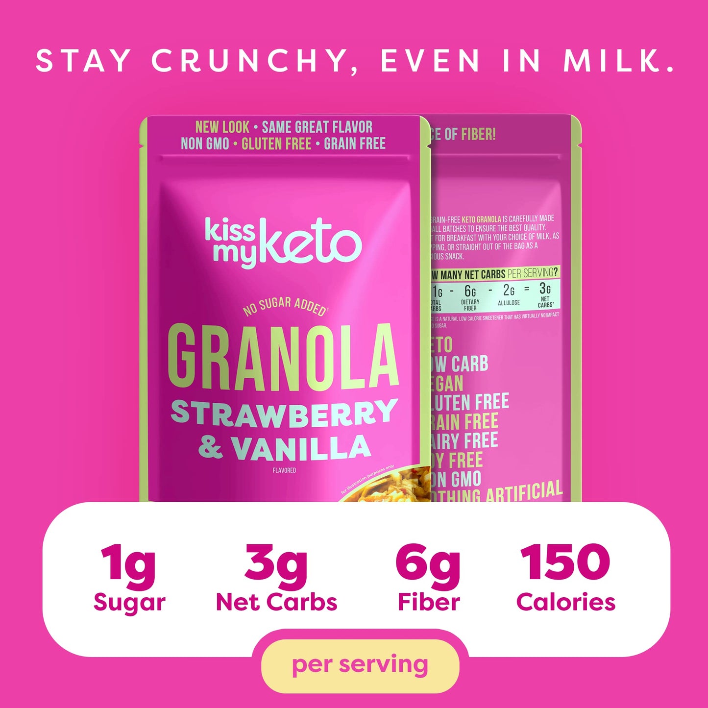 Kiss My Keto Granola Cereal - Strawberry Vanilla Keto Granola Low Carb Cereal (2G-Net) Low Sugar Granola (1G) - Grain Free Grano