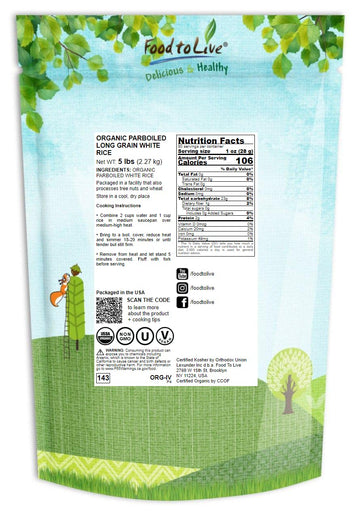 Organic Parboiled Long Grain White Rice, 5 Pounds - Non-Gmo, Kosher, Vegan, Bulk. Partially Precooked Converted Rice. Easy-Cook