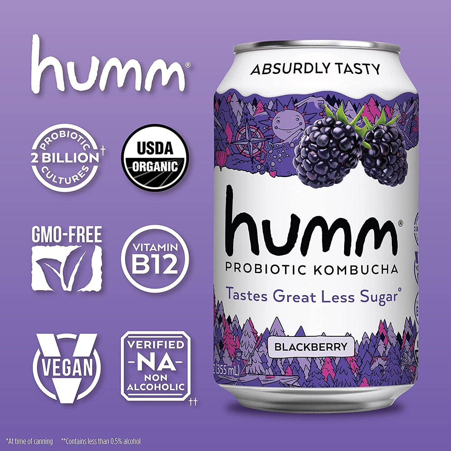 Humm Kombucha Paradise Variety 12 Pack, 2 Billion Probiotics For Gut Health, Blackberry, Coconut Lime, Pomegranate Lemonade