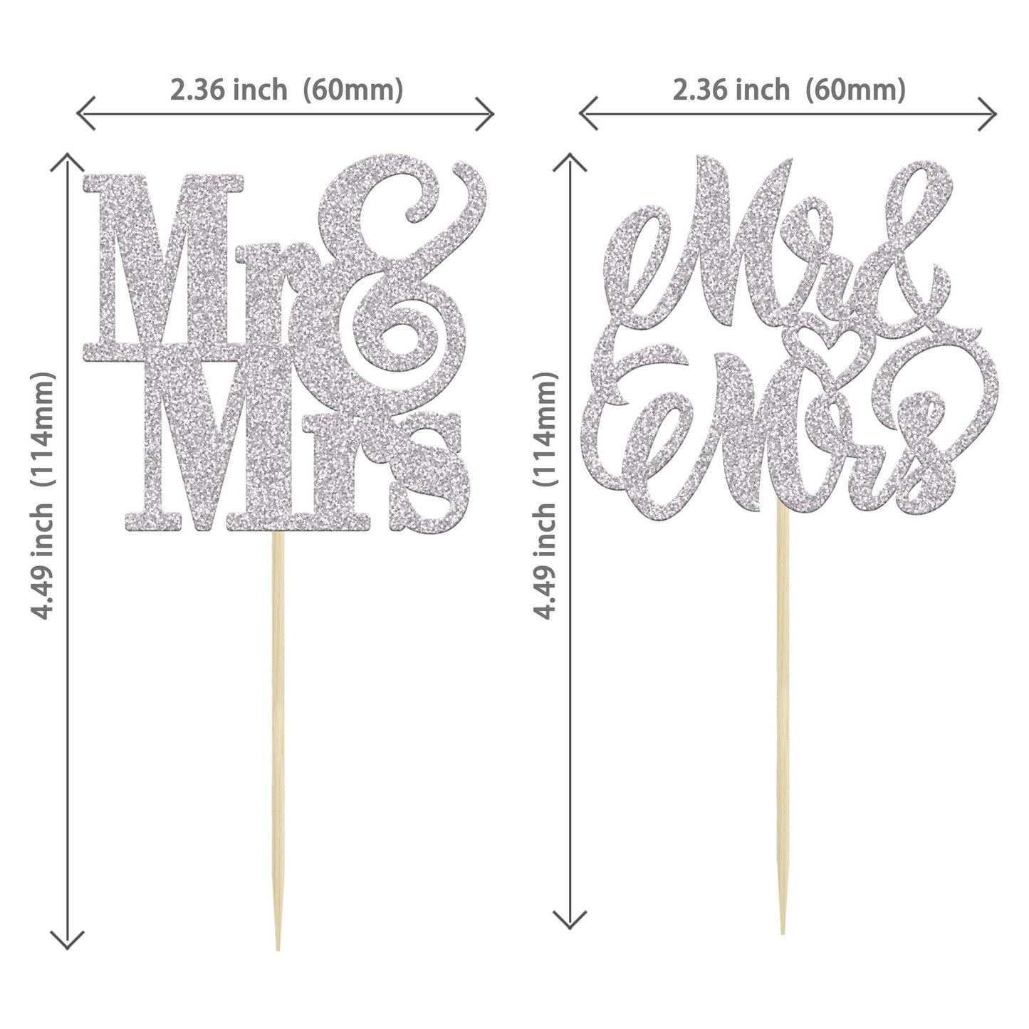 24Pcs Silver Glitter Mr & Mrs Cupcake Toppers Love Wedding Cupcake Toppers Bridal Shower Cake Pick Decorations For Bridal Shower
