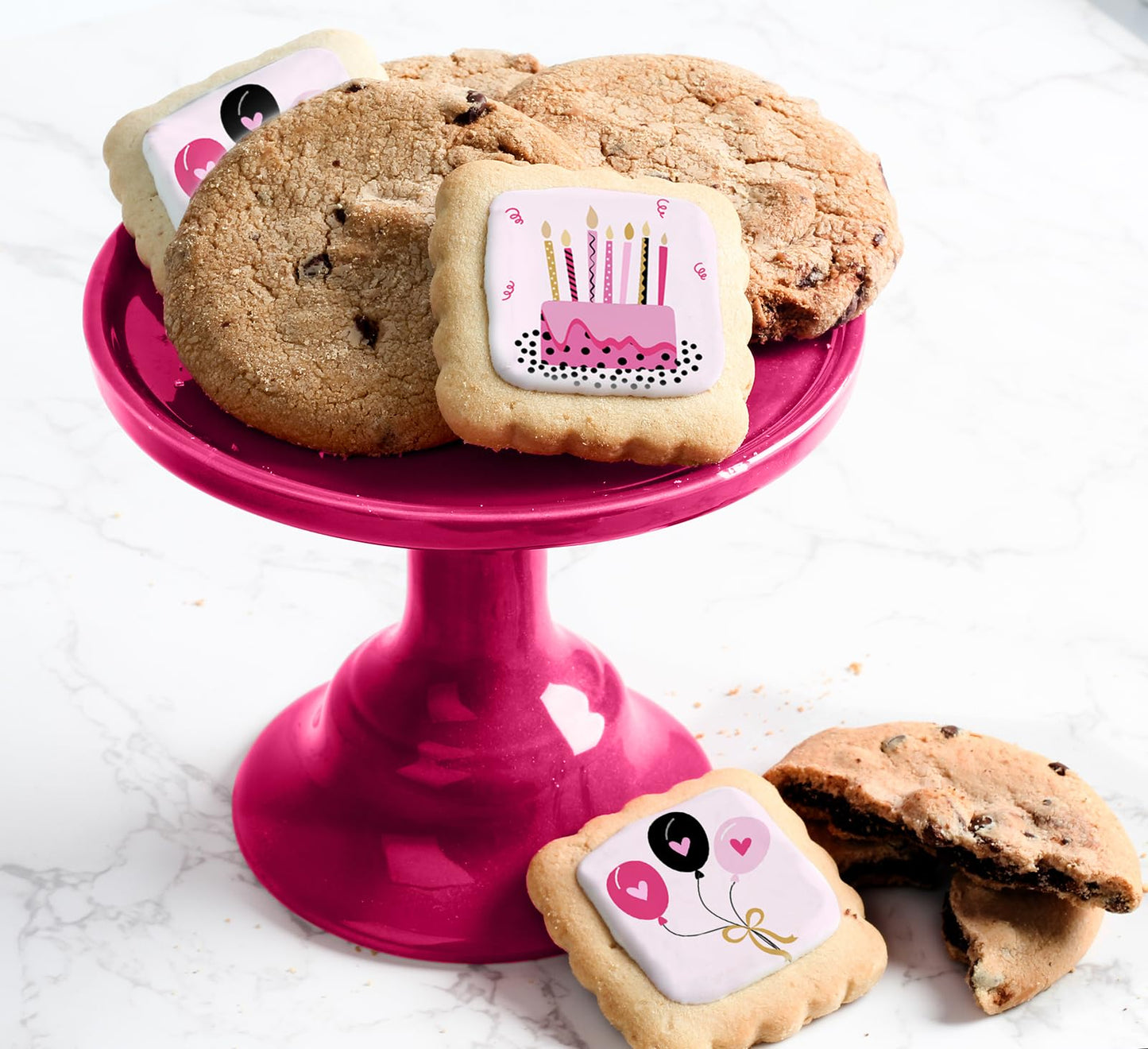 Happy Birthday Gift Basket Cookies Chocolate Chip Cookie Fudge Filled For Her Women Girls Kids | Individually Wrapped Pink Treat Food Package
