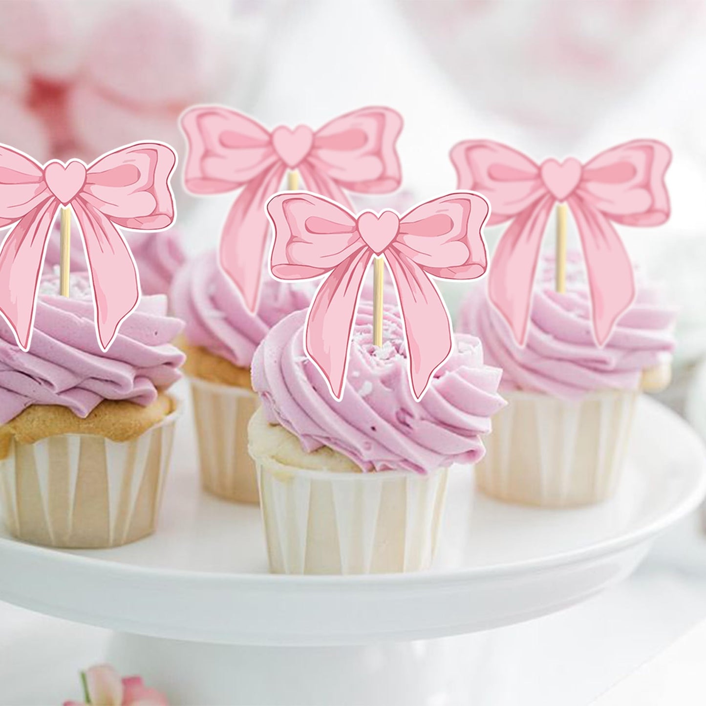 24 Pcs Bow Cupcake Toppers Suitable For Girls Birthday Party Anniversaries Baby Shower Pink Bow Birthday Cake Decorations Single