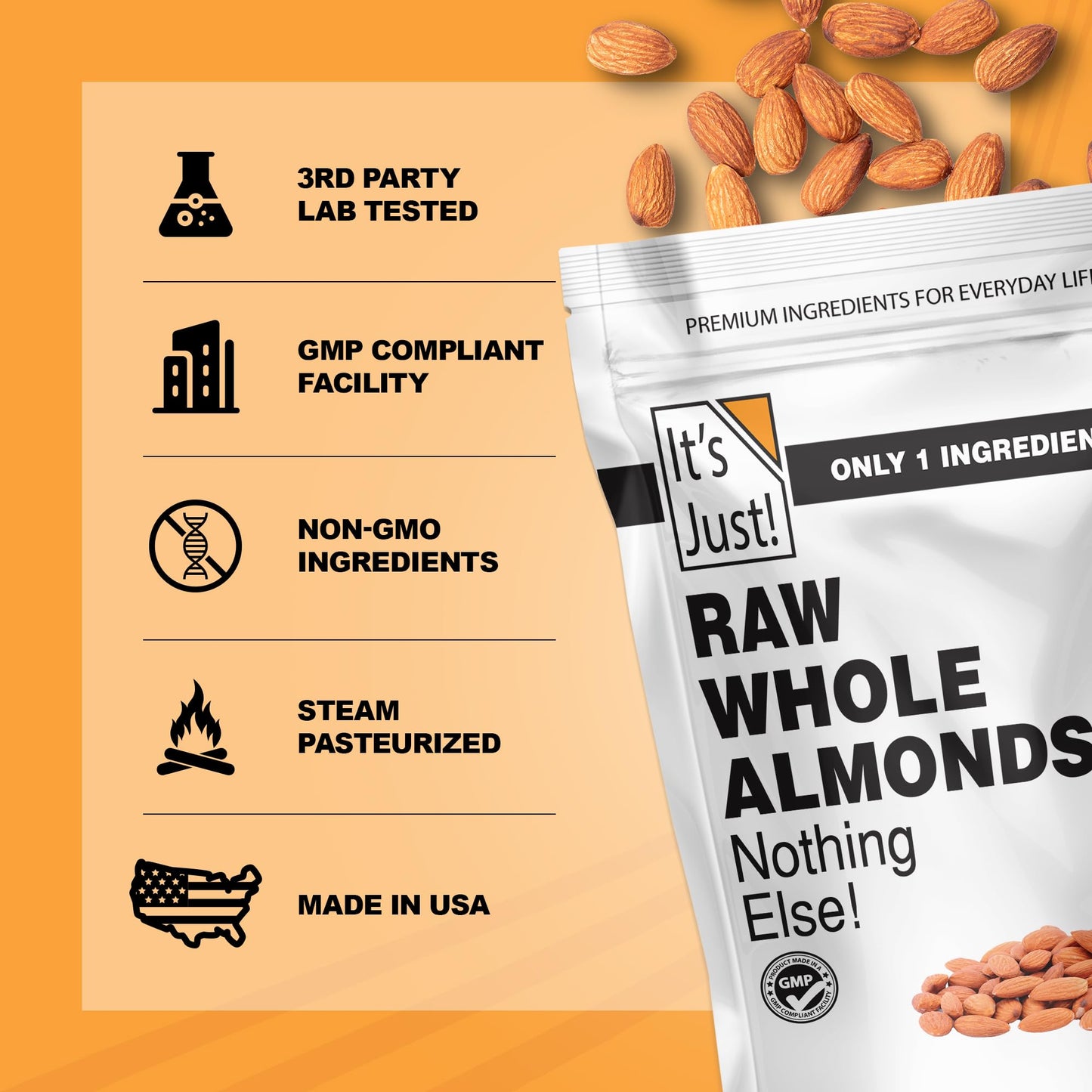 It'S Just - Raw Whole Almonds, Grown In California, Unsalted, Premium Quality, Supreme Grade, Naturally Semi Sweet, Made In Usa