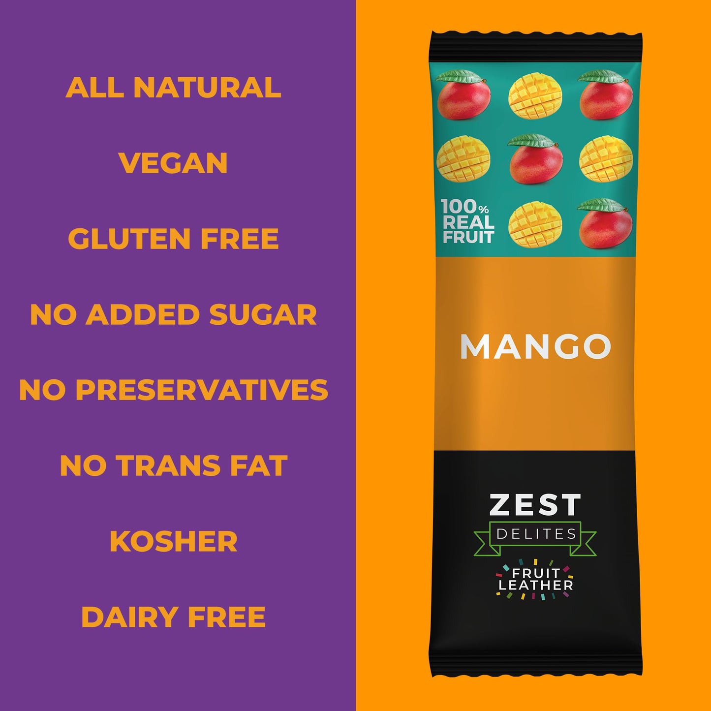 ZEST Dhigh-standards Fruit Snacks, Dried Mango Bars, No Sugar Added, 0.88 oz x 10 Pack
