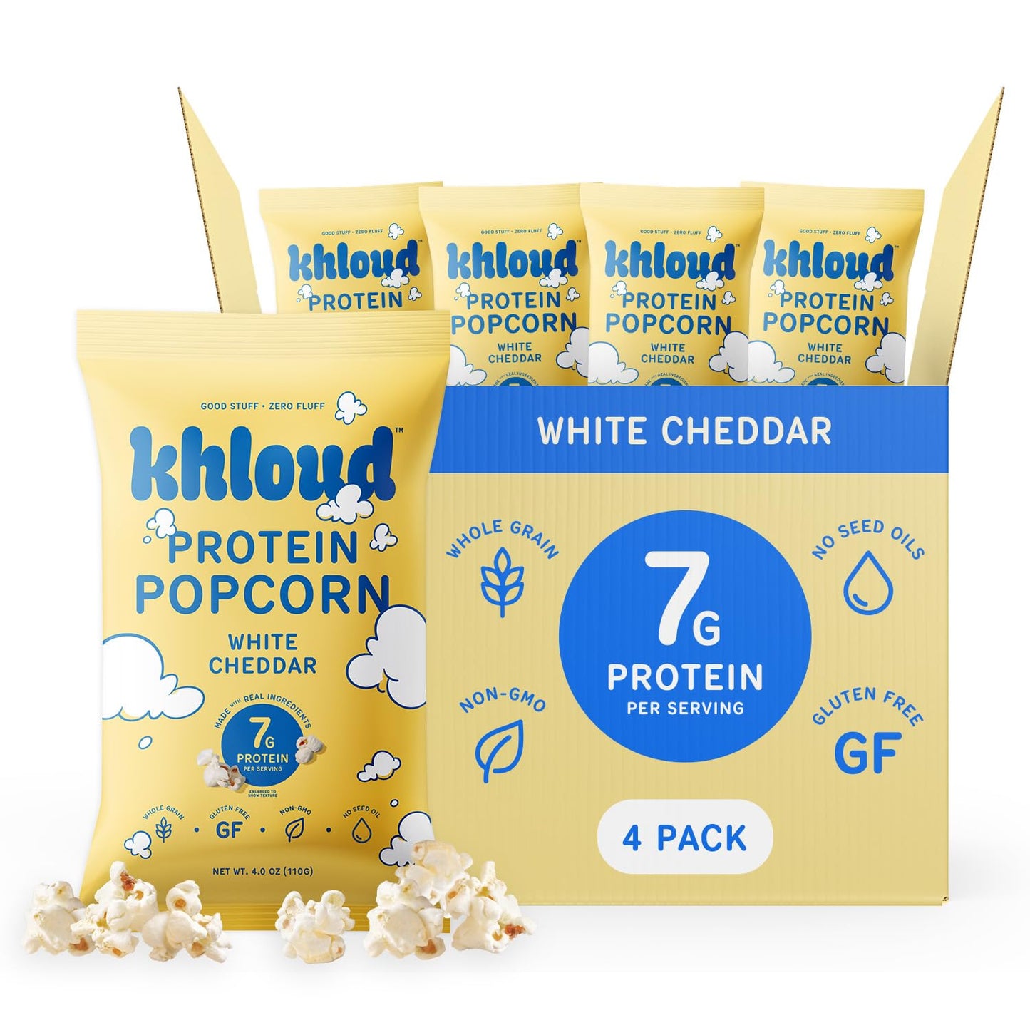 Khloud Protein Popcorn - White Cheddar - 7g Protein Snacks for mature-themeds & Kids - Flavored Popcorn Made with Real Ingredients & Milk Protein Isolate - Non-GMO  Gluten-Free  Kosher  4oz - 4PK