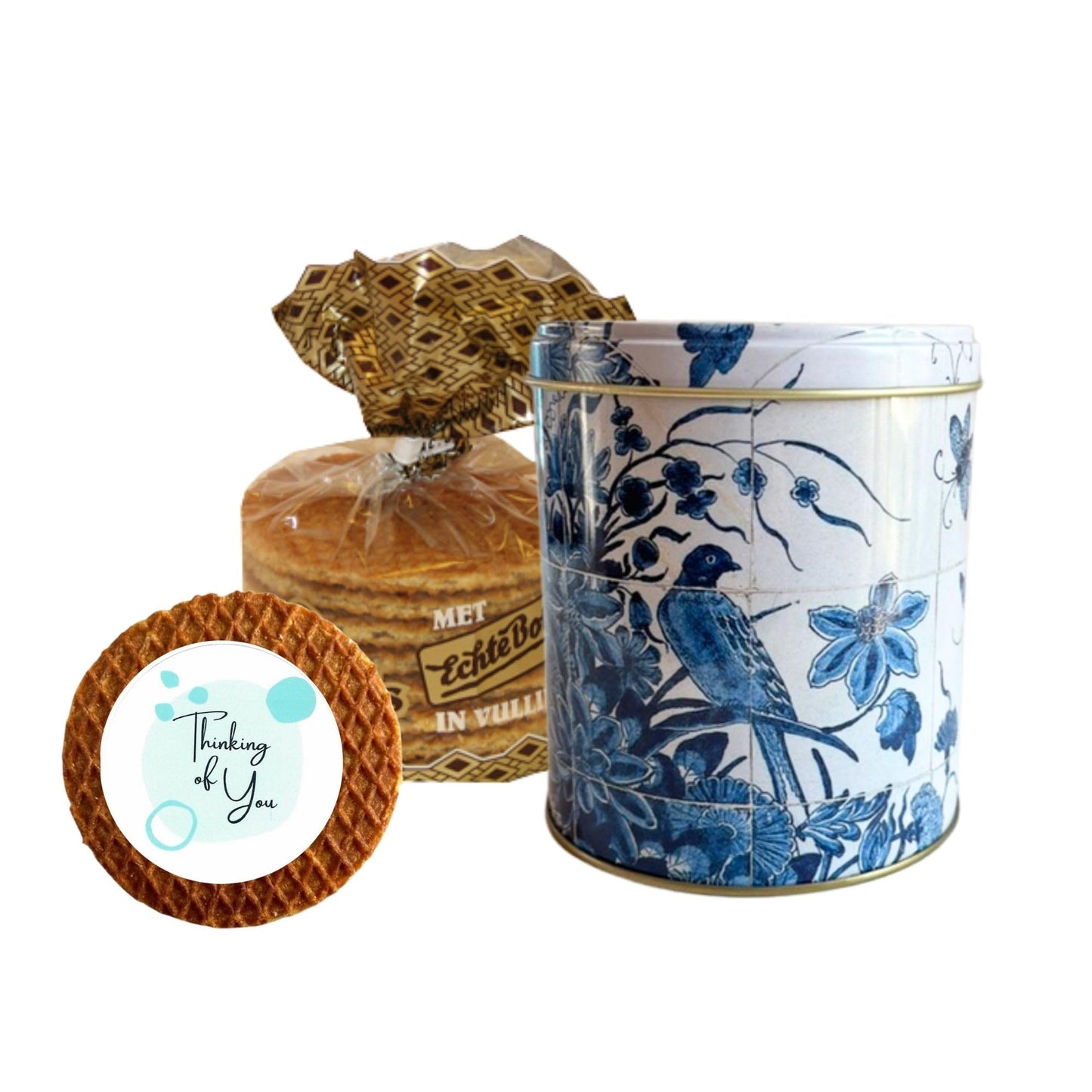 Dereuze Dutch Stroopwafels Gift Set With Caramel Waffle Cookies In Blue And White Bird Delft Style Holland Tin And Special Occasion Gift Message Shipped In Organza Bag (Thinking Of You)