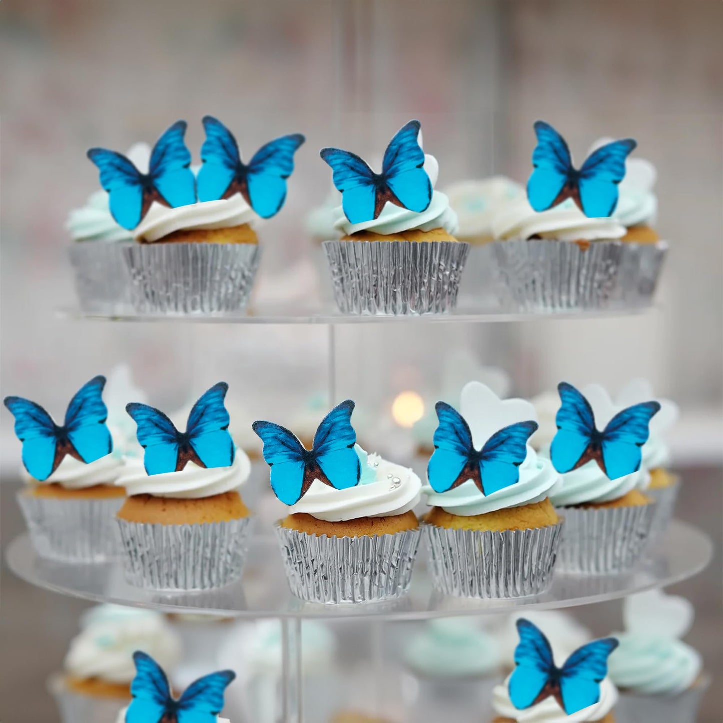 Ephlyn 48Pcs Edible 3D Cute Butterfly Cupcake Toppers For Baby Shower, Bridal Shower, Boys Girls Birthday Party Cake Decorations