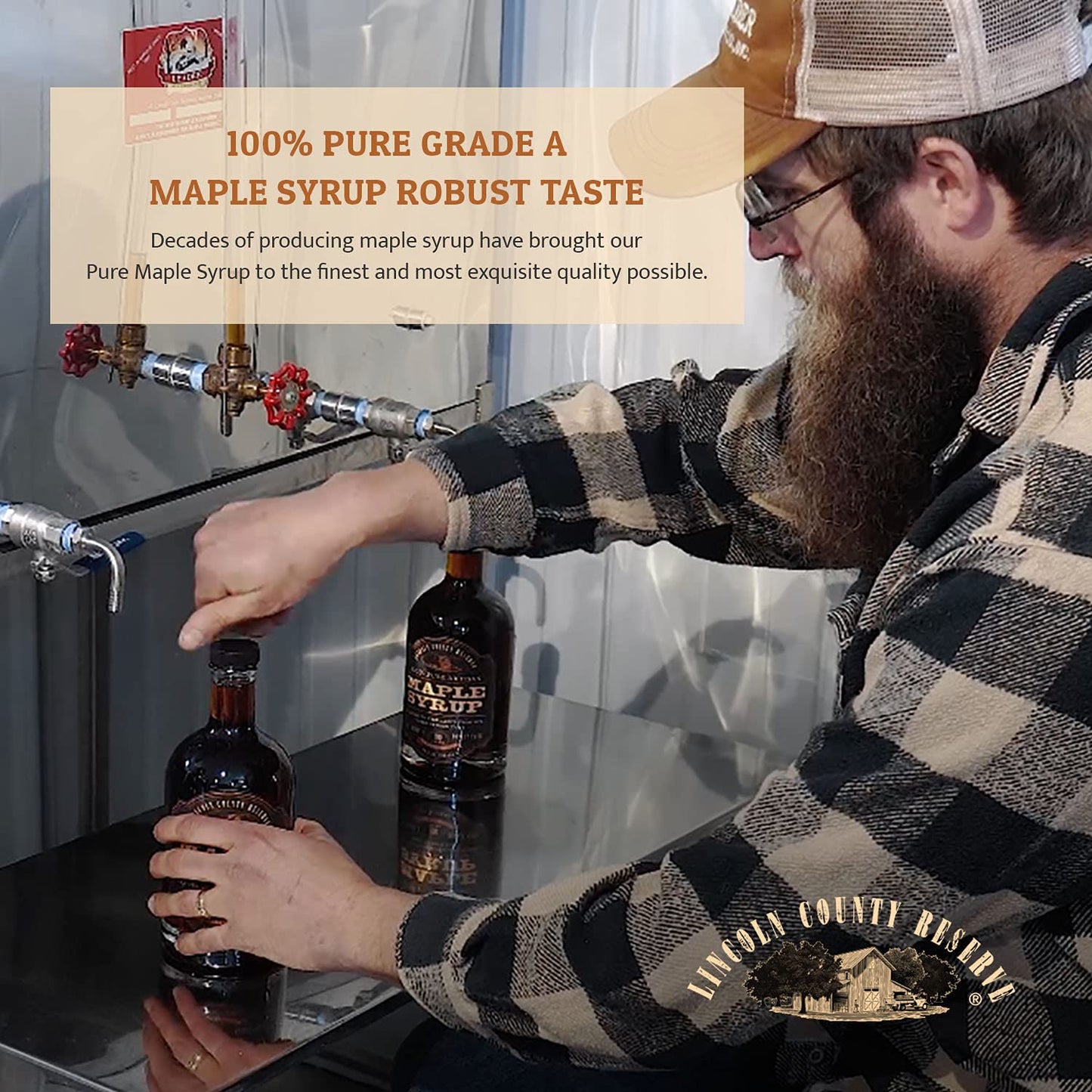 Lincoln County Reserve Maple Syrup - 100% Pure Artisan, 32 oz Glass Bottle, Robust Taste, Brown