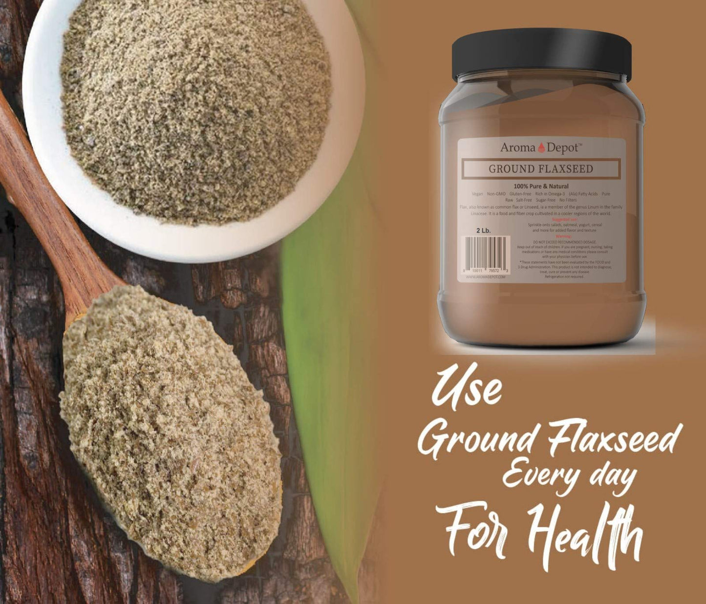 2 Lb Jar Ground Brown Flaxseed Flax Seed Powder Omega-3 Fats | Non Gmo | Gluten-Free | 32 Oz Semillas De Linaza En Polvo