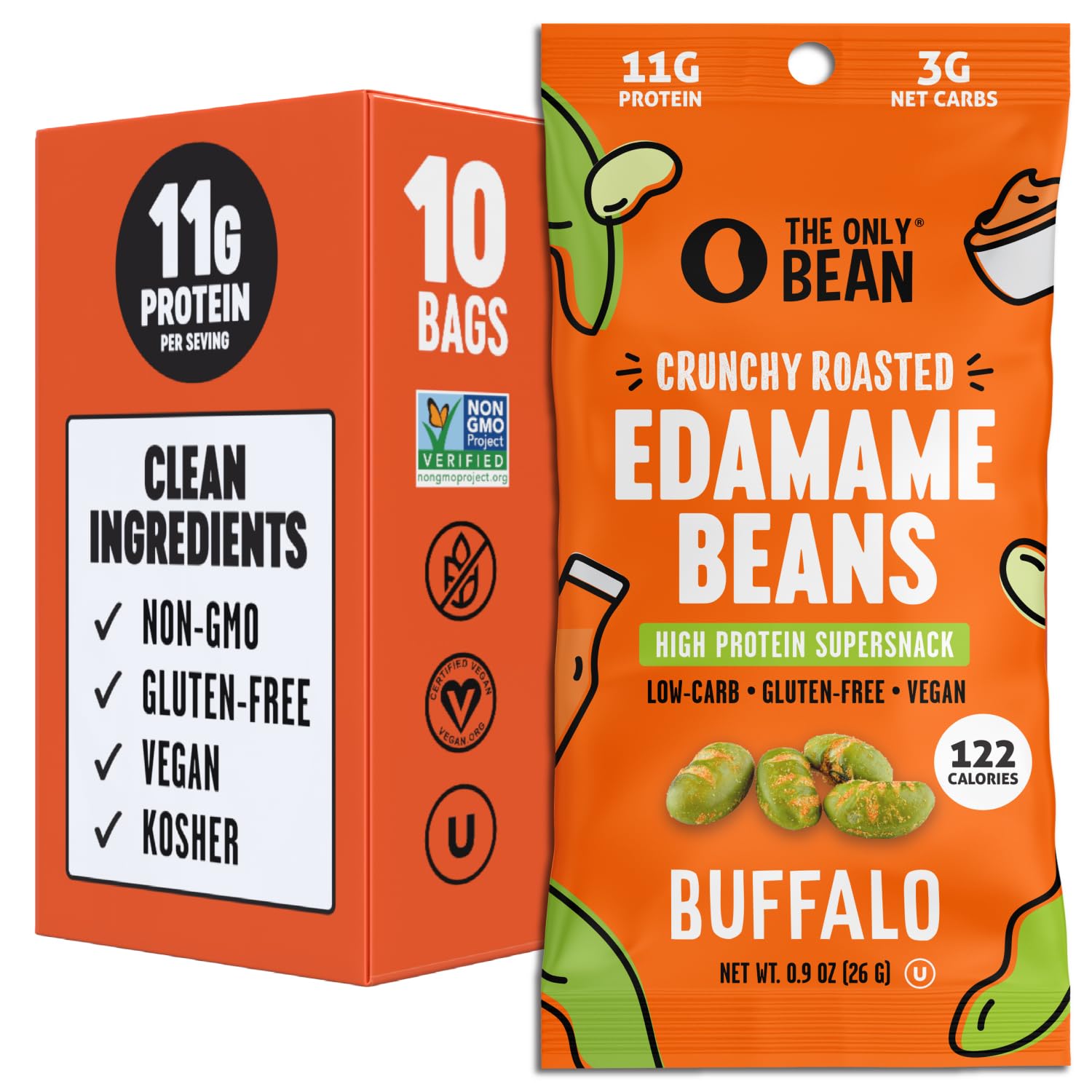 The Only Bean Crunchy Roasted Edamame Snacks (Buffalo) - High Protein (11g), Low Carb Keto Vegan Office Snack, Gluten Free Healt