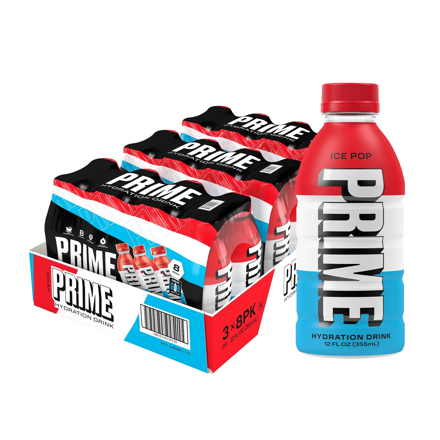 PRIME HYDRATION Sports Drink, Electrolyte Enhanced, 250mg BCAAs, Low Sugar, 12 Fl Oz, Pack of 24