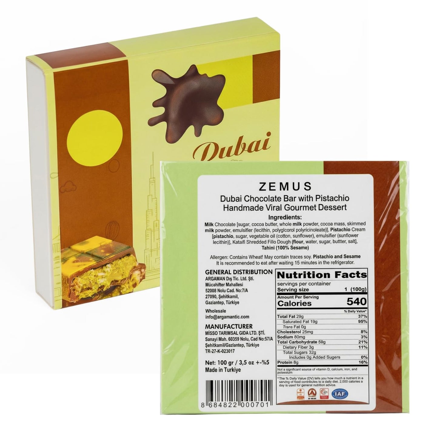 Dubai Chocolate Bar with Pistachio - 3.5 oz - Handmade Viral Dubai Chocolate - Crispy Shredded knafeh with Rich Chocolates  Ready to Eat  Perfect for Christmas (Pack of 1)