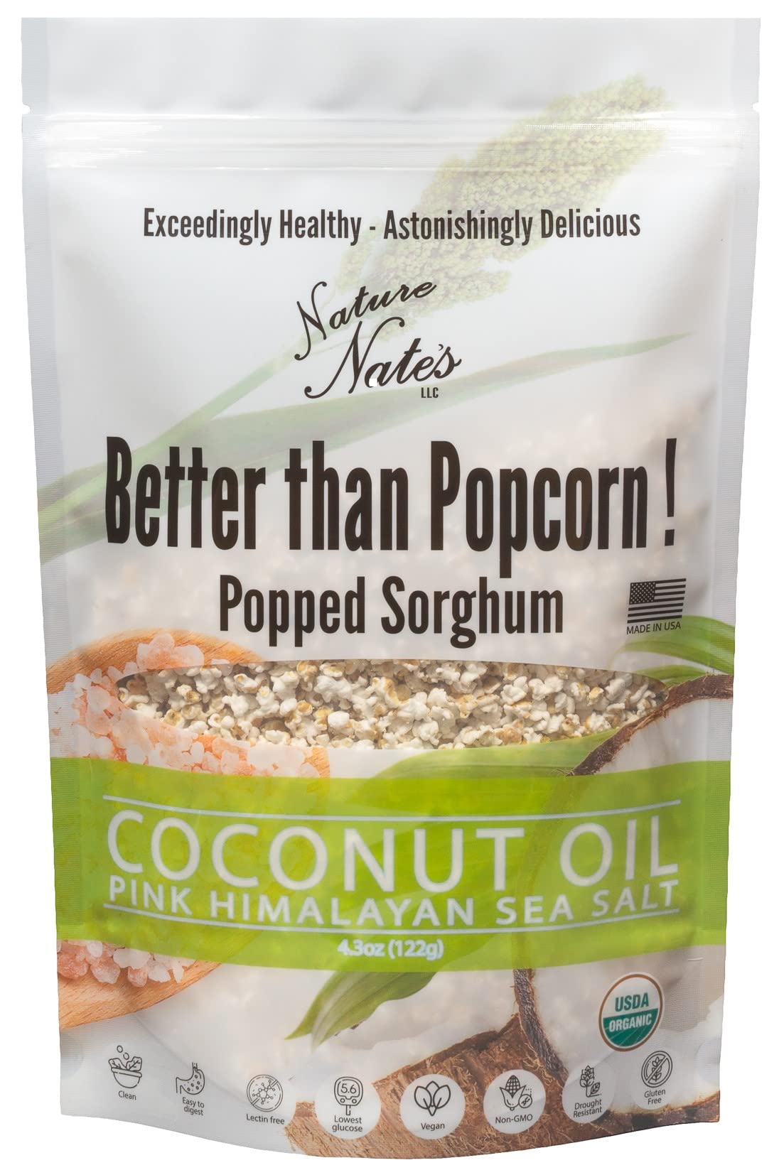 Nature Nates Popped Sorghum, Coconut Oil & Pink Himalayan Sea Salt - Organic, Keto & Gluten Free, Healthy Snacks, Better Than Po