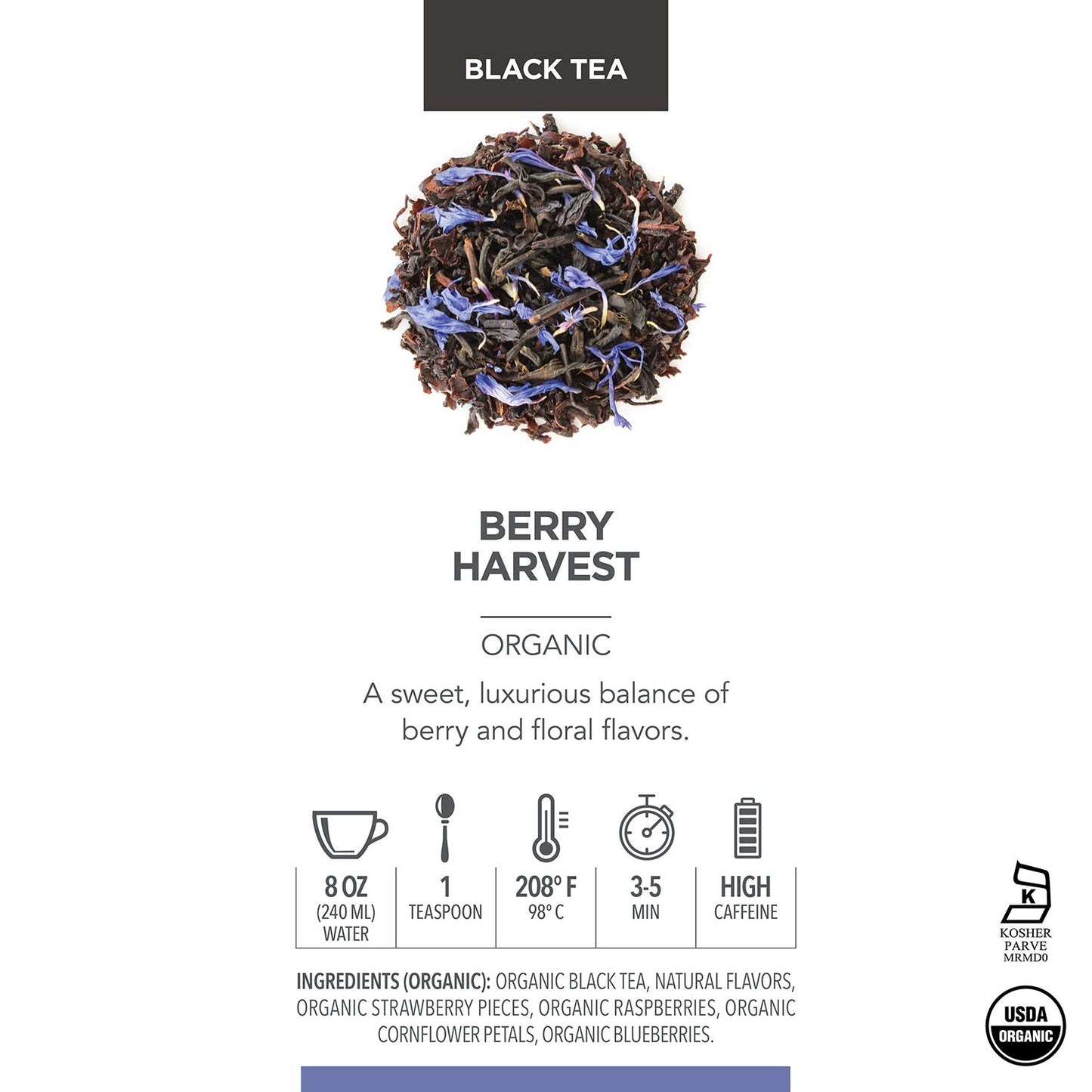 Teabloom Organic Black Tea, Berry Harvest Loose Leaf Tea, Sweet And Fruity Black Tea, Usda Certified Organic, Fresh Whole Leaf Blend In Reusable Gift Canister, 2.82 Ounce Loose Leaf Tea Canister Makes 35-50 Cups