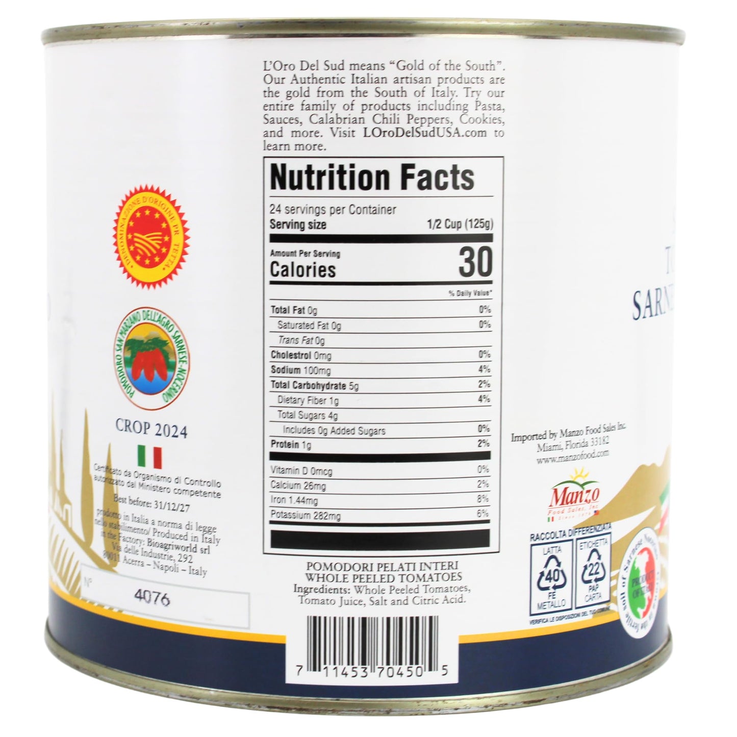 D.O.P San Marzano Tomatoes Canned Of Agro Sarnese-Nocerino Area, Net Wt. 2550G (88 Fl. Oz) L'Oro Del Sud Pomodoro San Marzano De
