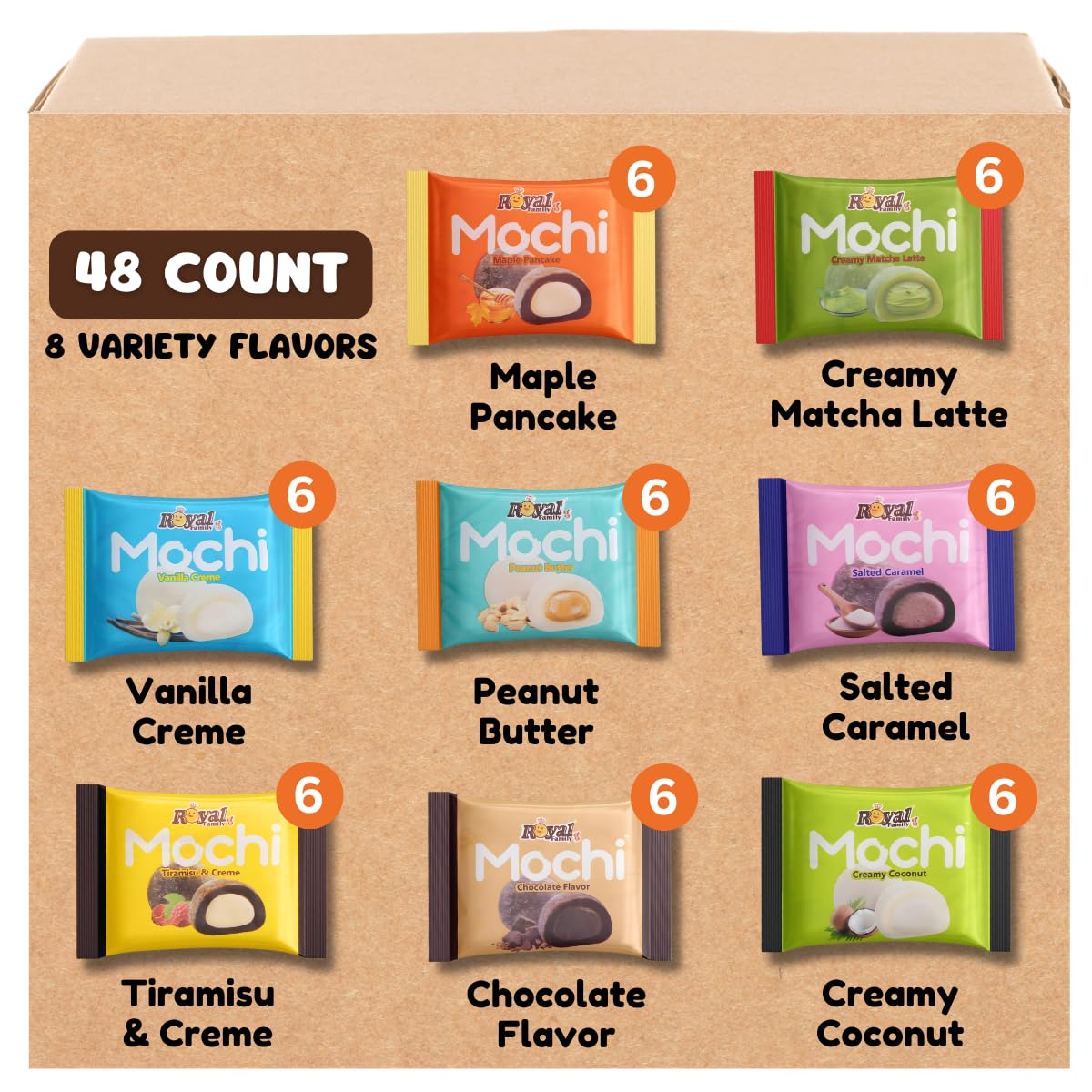 Japanese Mochi Daifuku Assorted Flavors, 48 Count - 8 Variety Pack With Peanut Butter, Vanilla, Tiramisu, Matcha, Chocolate, Coc