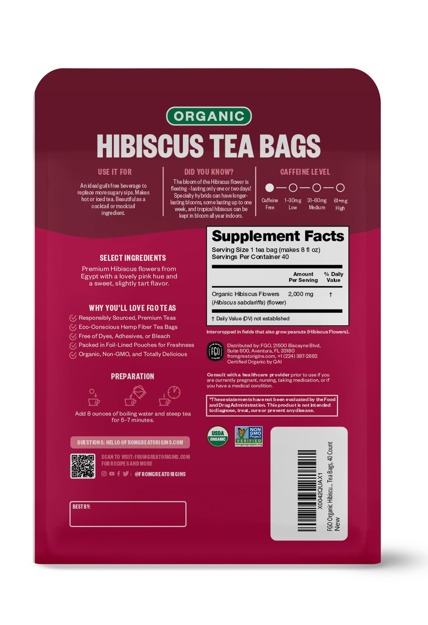 FGO Organic Hibiscus Herbal Tea  40 Count  Eco-Conscious Tea Bags  Caffeine Free (Pack of 1)