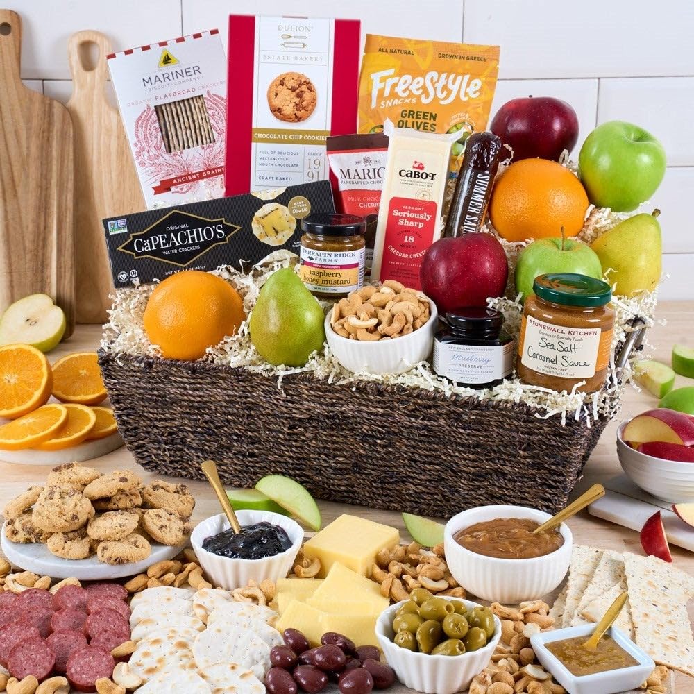 Sympathy Gift Fruit Basket Of Fresh Fruits, Cheese, Meat, Chocolate, Crackers, Olives And Cookies By Gourmetgiftbaskets.Com
