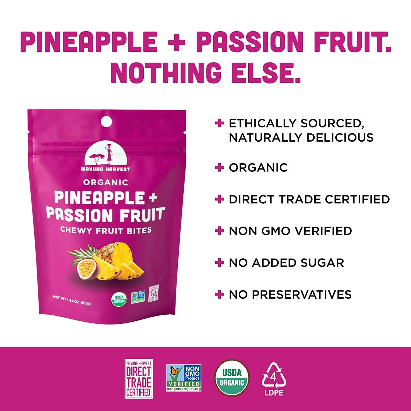 Mavuno Harvest Organic Fruit Snacks - Chewy Fruit Bites - Healthy Food For Kids & Adults - Ethically Sourced, Non-Gmo, No Preservatives - Pineapple & Passionfruit - 1.94-Oz. Snack Packs, Pack Of 8
