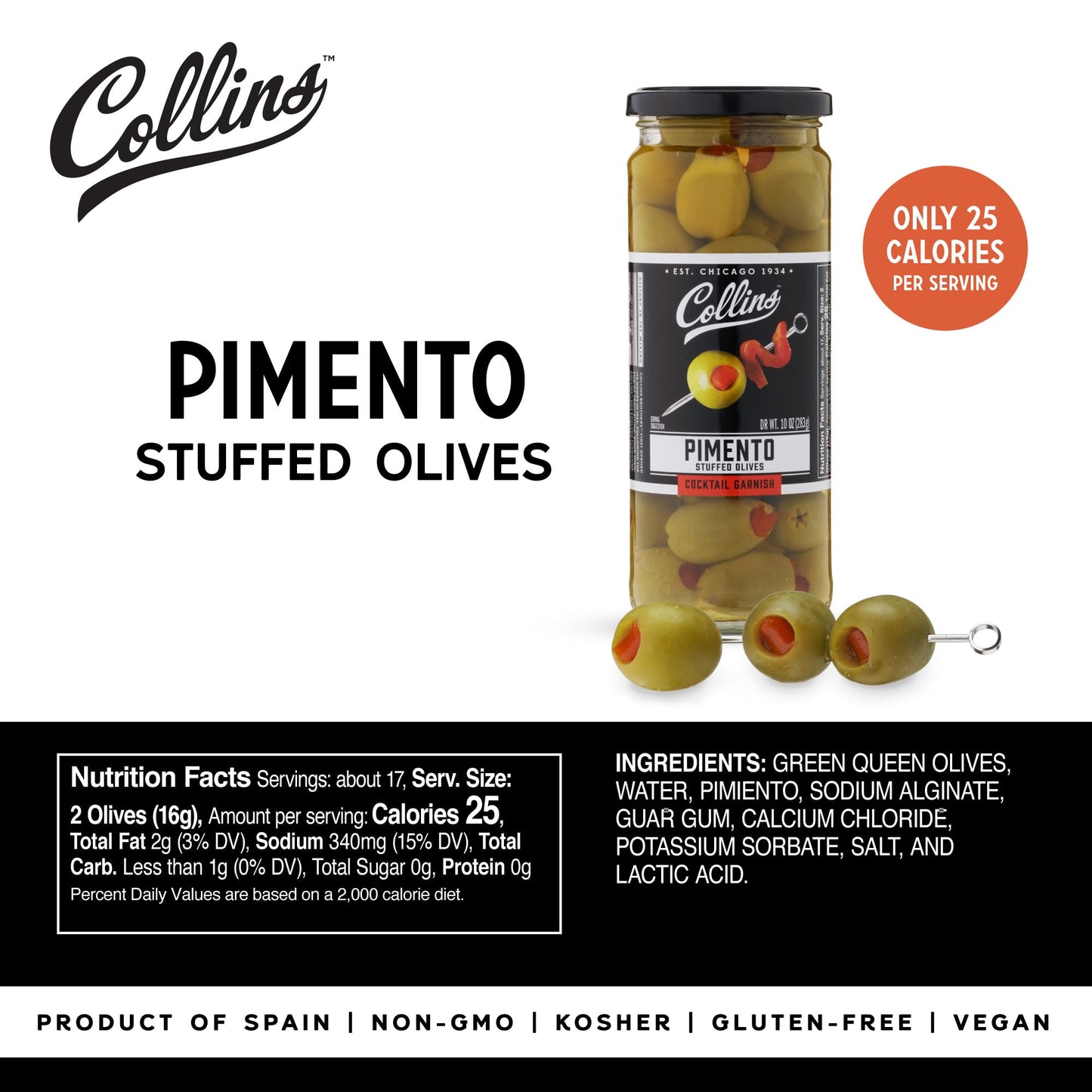 Collins Chicago Pimento Olives, Premium Garnish for Cocktails, 10oz Glass Jar, Black Lid
