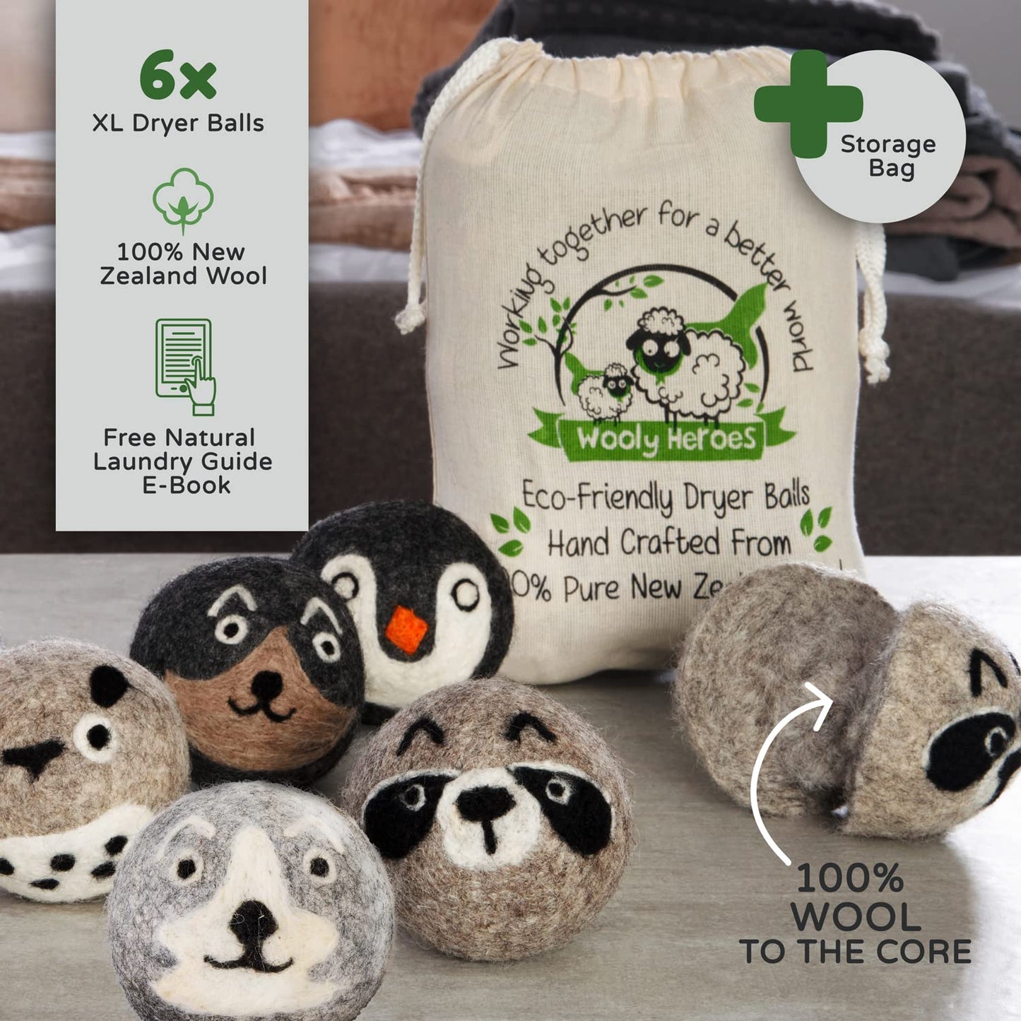 Wooly Heroes Dryer Balls - 100% Organic Wool - Sustainable & Eco-Friendly - Dry 1,000 Loads