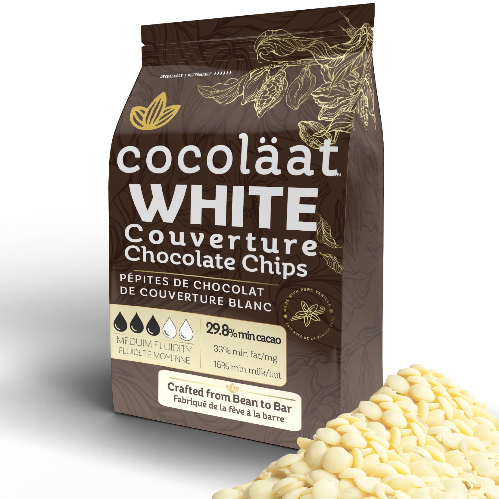 Cocoläat White Couverture Chocolate Chips, 29.8% Cocoa, 2 lb Off White Resealable Pouch