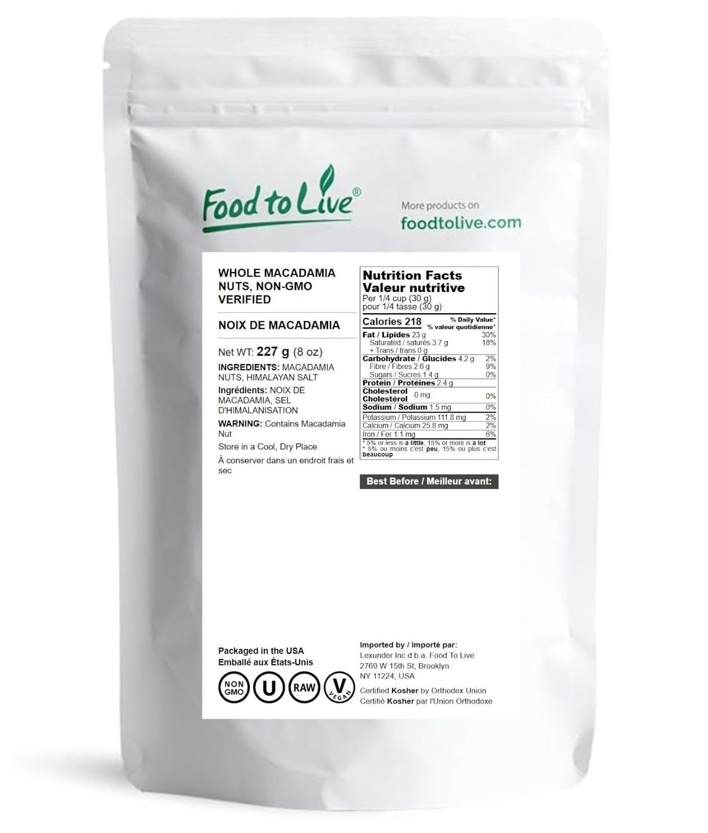 Food to Live Whole Macadamia Nuts, Raw, Unsalted, Keto Friendly, 8 Ounces